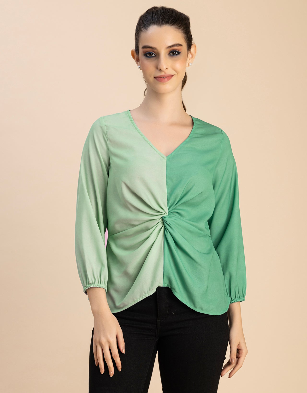 quarter sleeve V Neck Solid Georgette Top