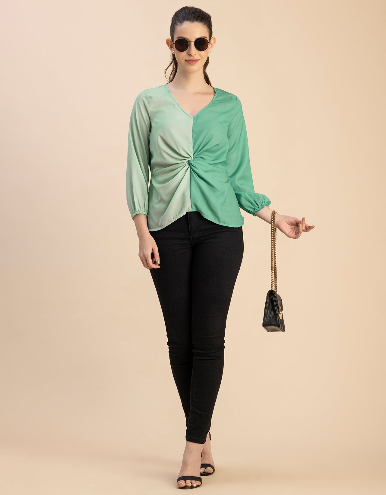 quarter sleeve V Neck Solid Georgette Top