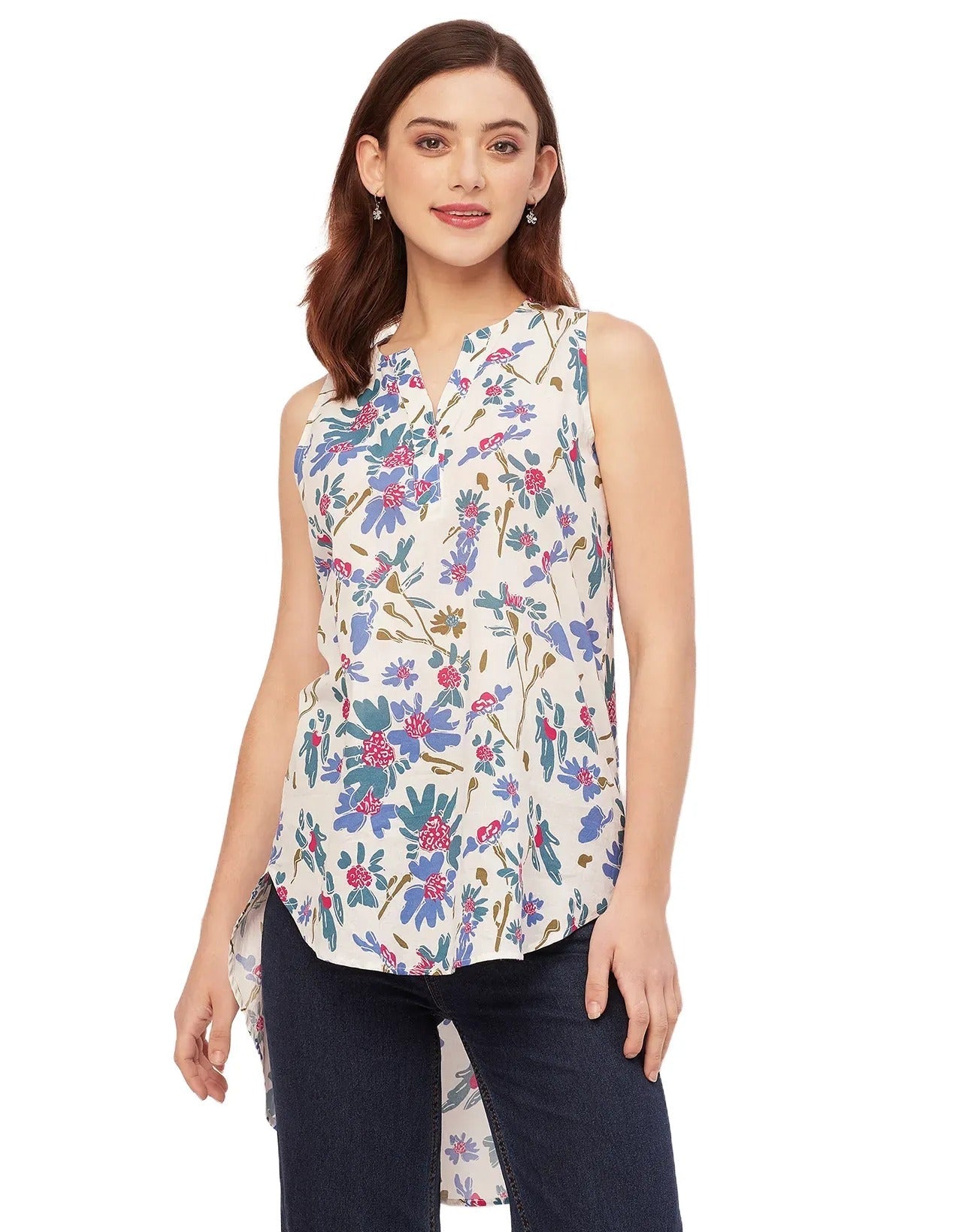 Printed Cotton Sleeveless High-Low V Neck Top