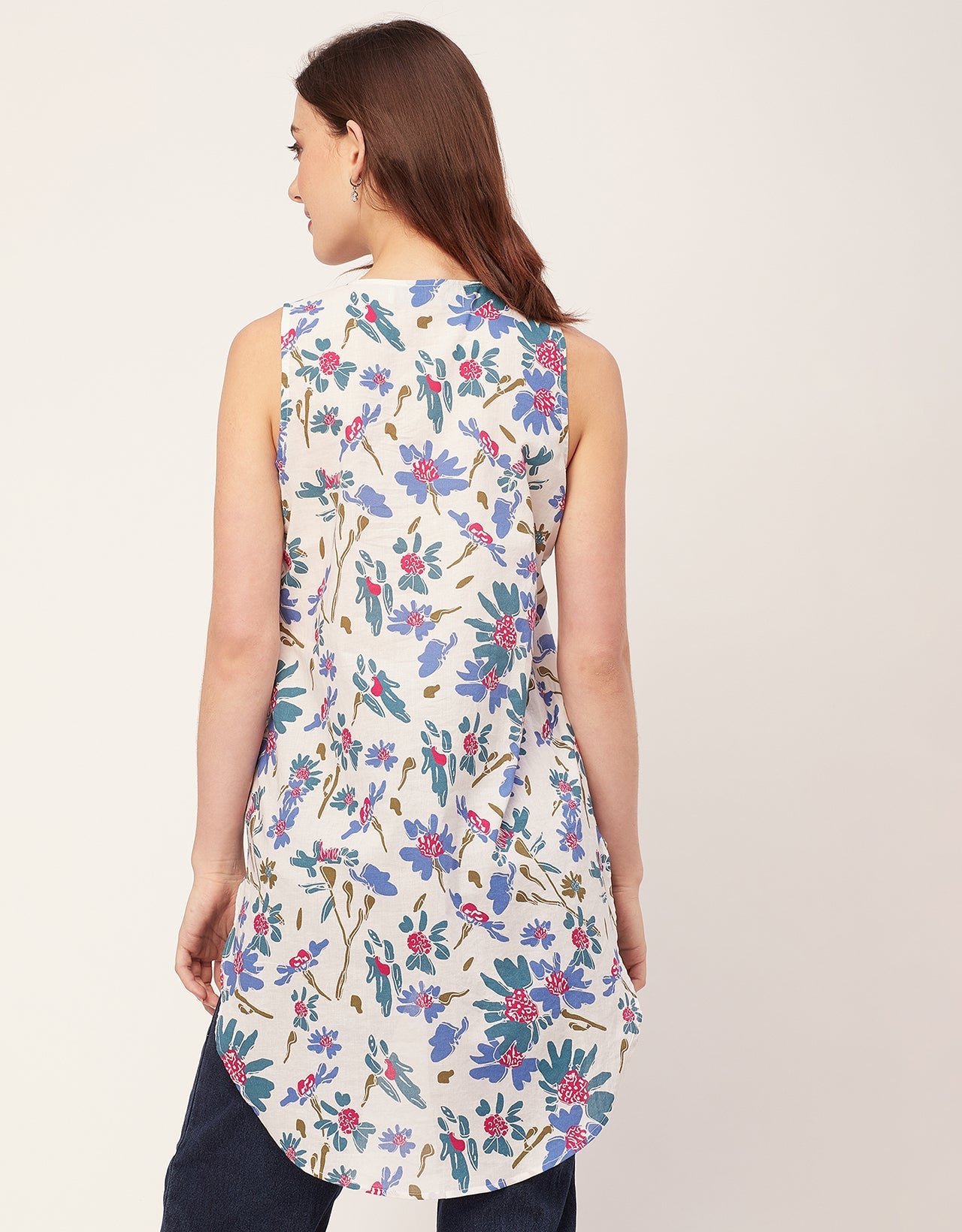 Printed Cotton Sleeveless High-Low V Neck Top