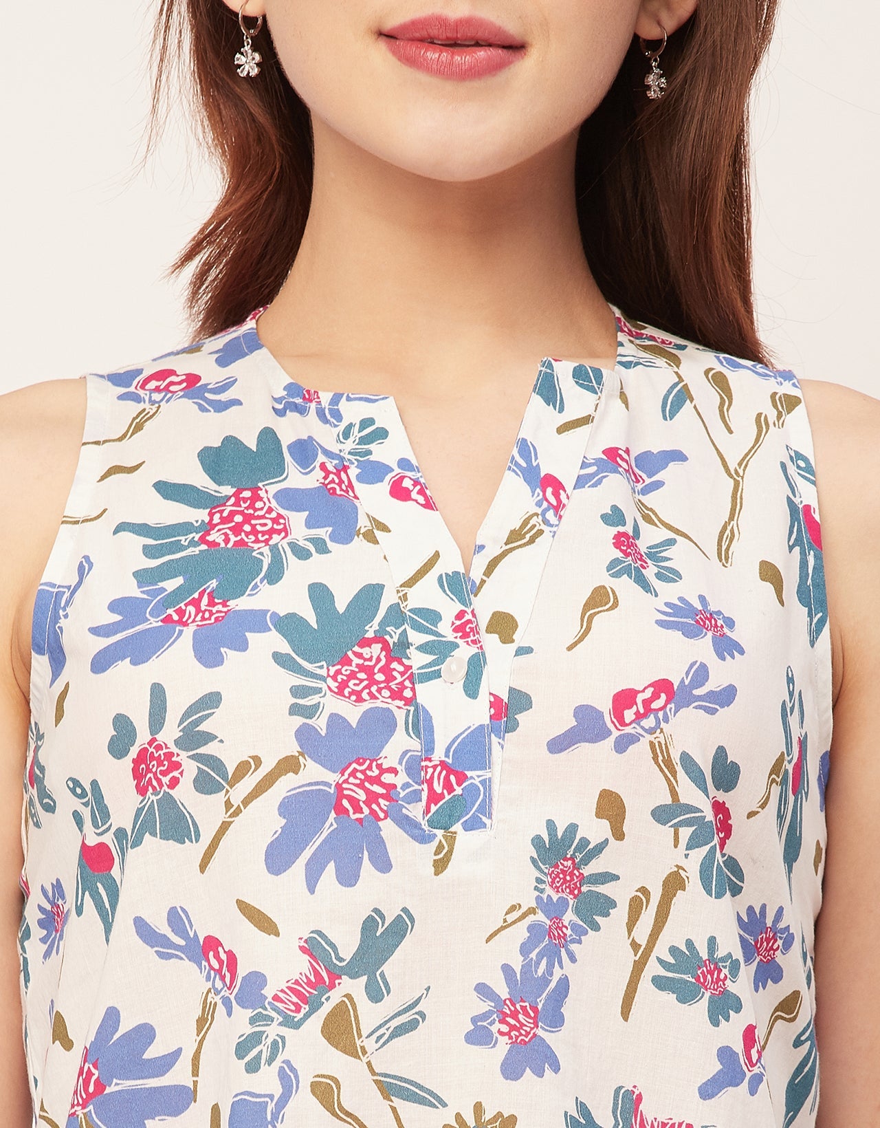 Printed Cotton Sleeveless High-Low V Neck Top