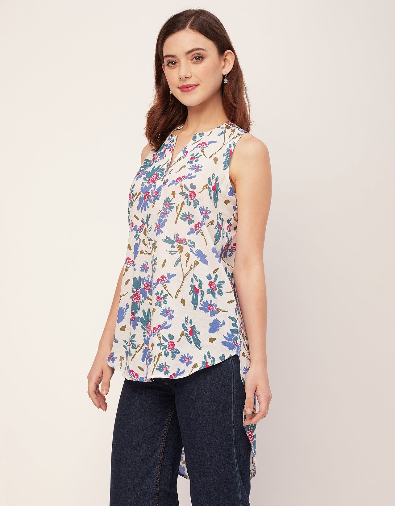 Printed Cotton Sleeveless High-Low V Neck Top