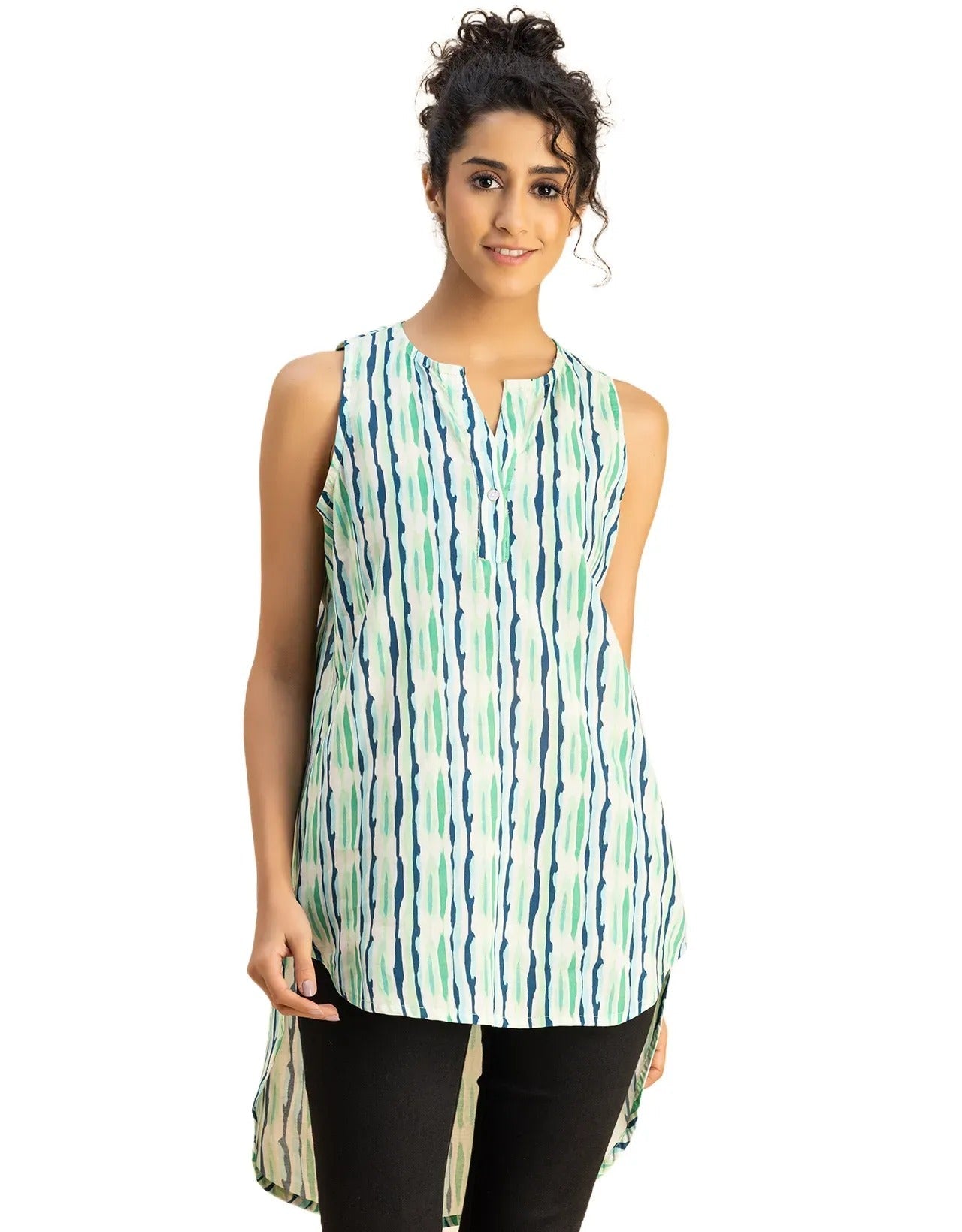 Printed Cotton Sleeveless High-Low V Neck Top
