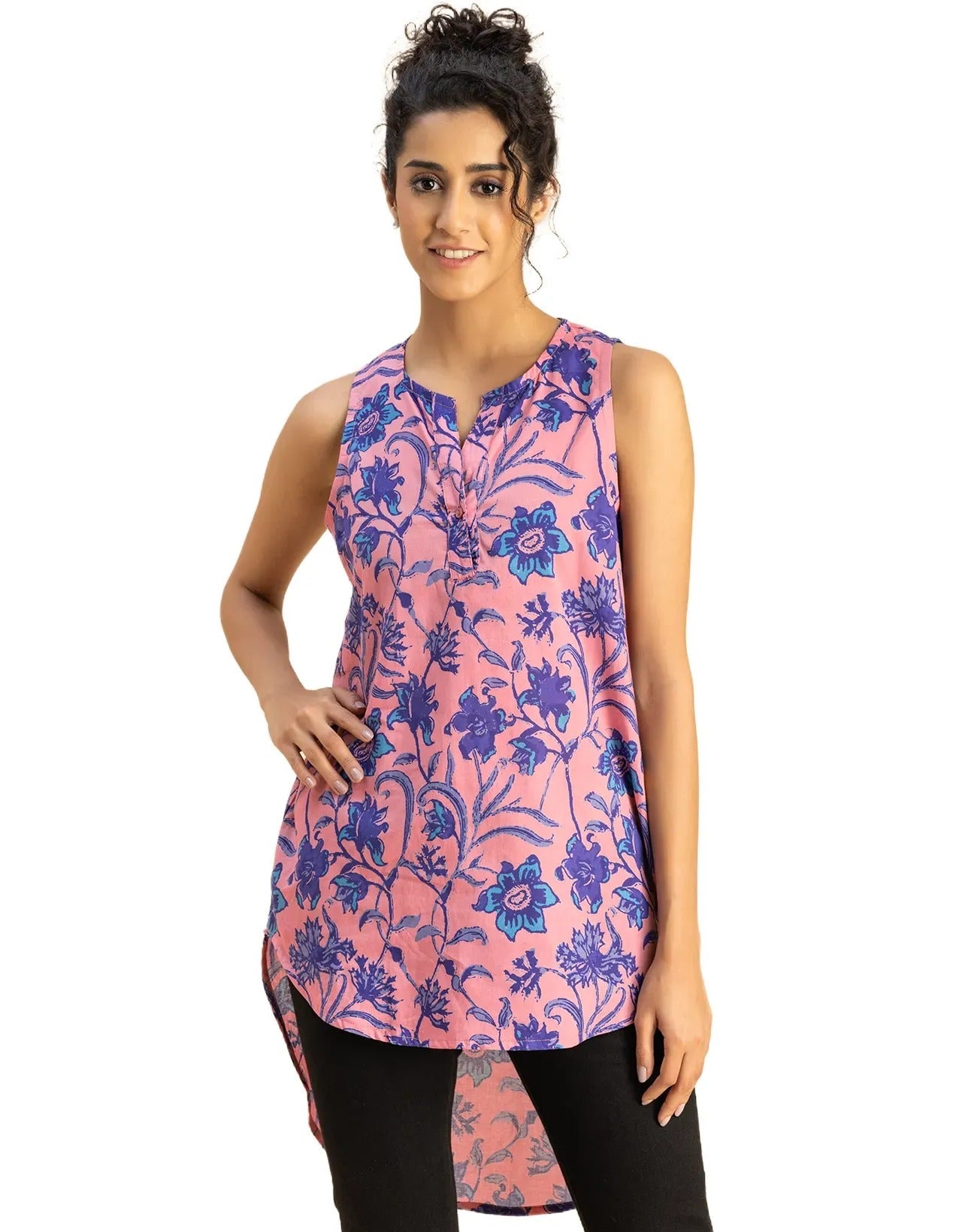Printed Cotton Sleeveless High-Low V Neck Top