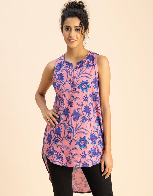 Printed Cotton Sleeveless High-Low V Neck Top