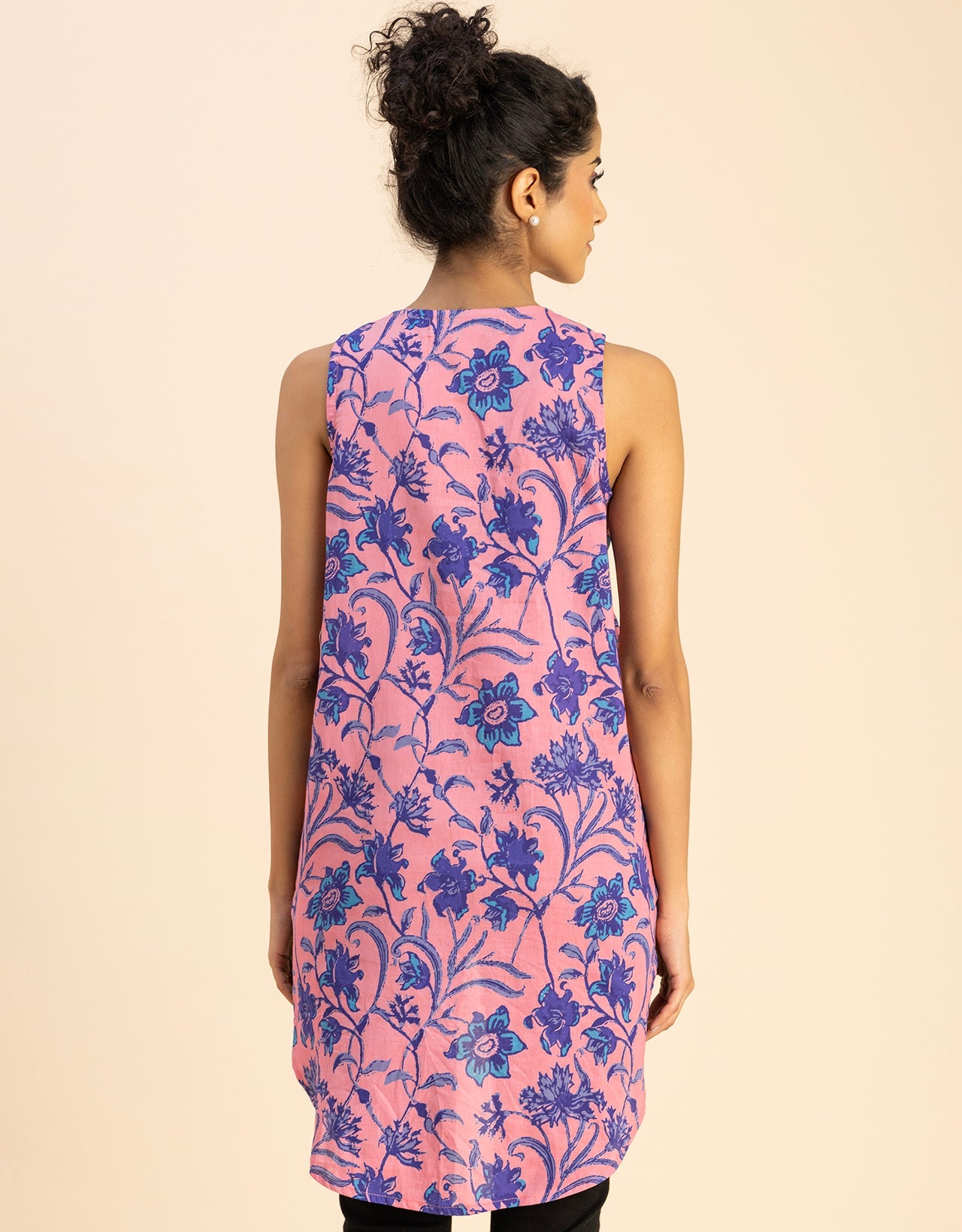 Printed Cotton Sleeveless High-Low V Neck Top