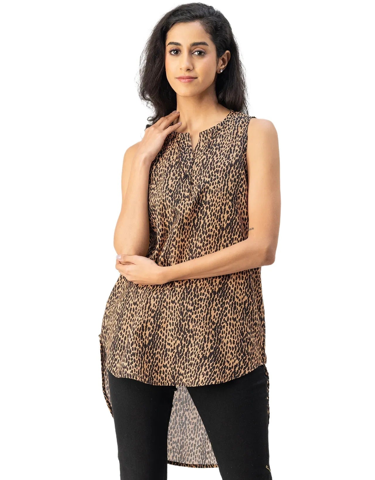 Printed Cotton Sleeveless High-Low V Neck Top