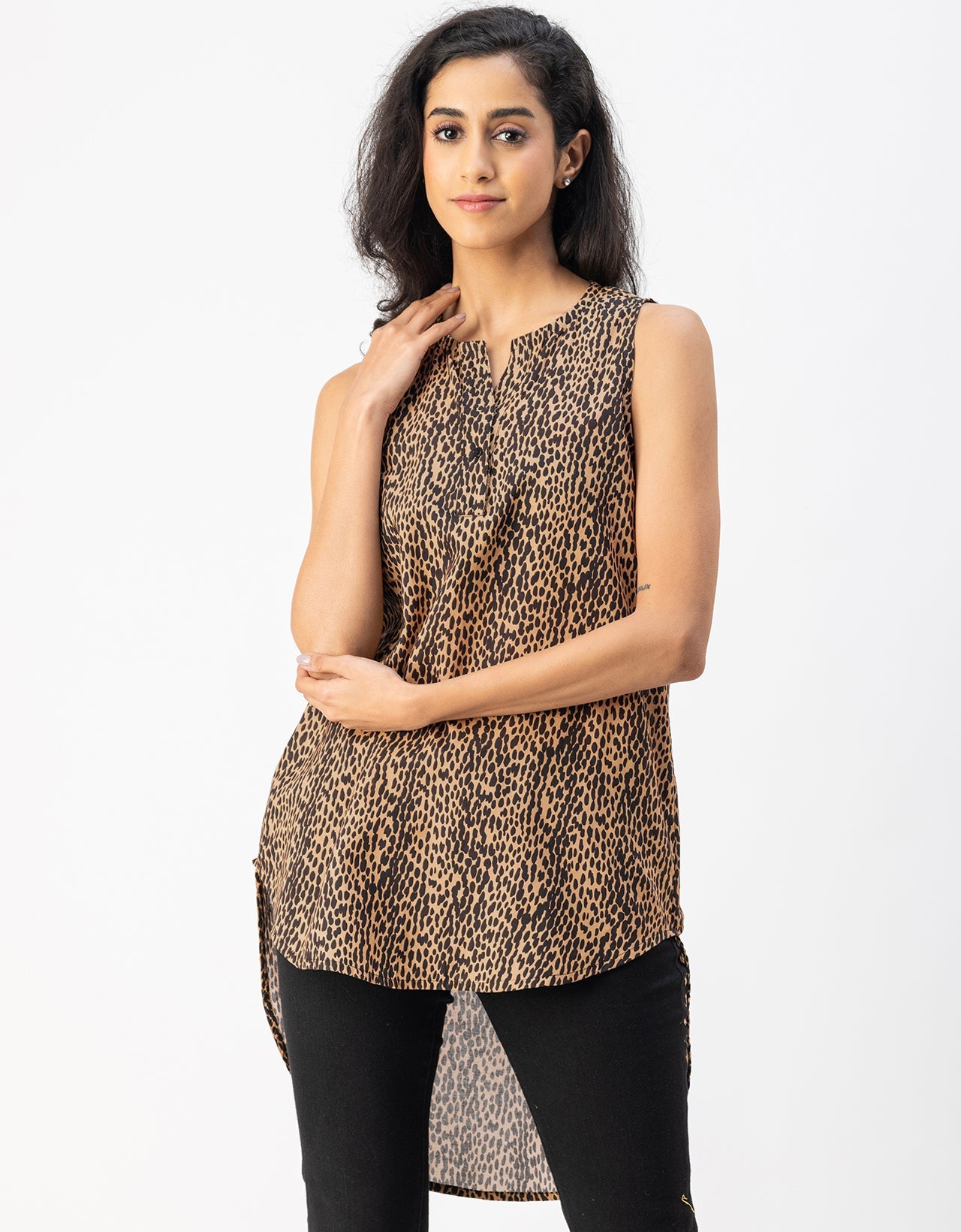 Printed Cotton Sleeveless High-Low V Neck Top