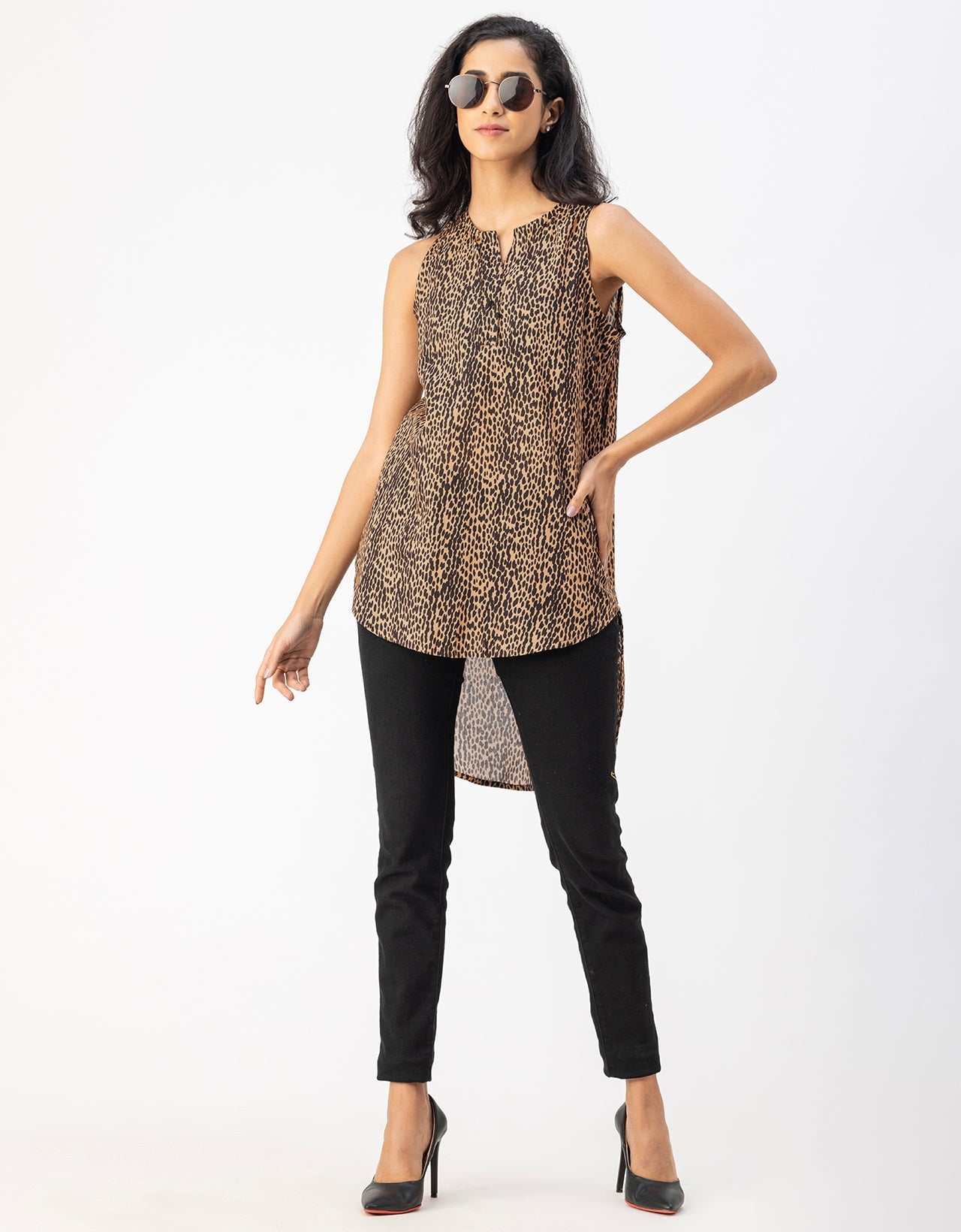 Printed Cotton Sleeveless High-Low V Neck Top
