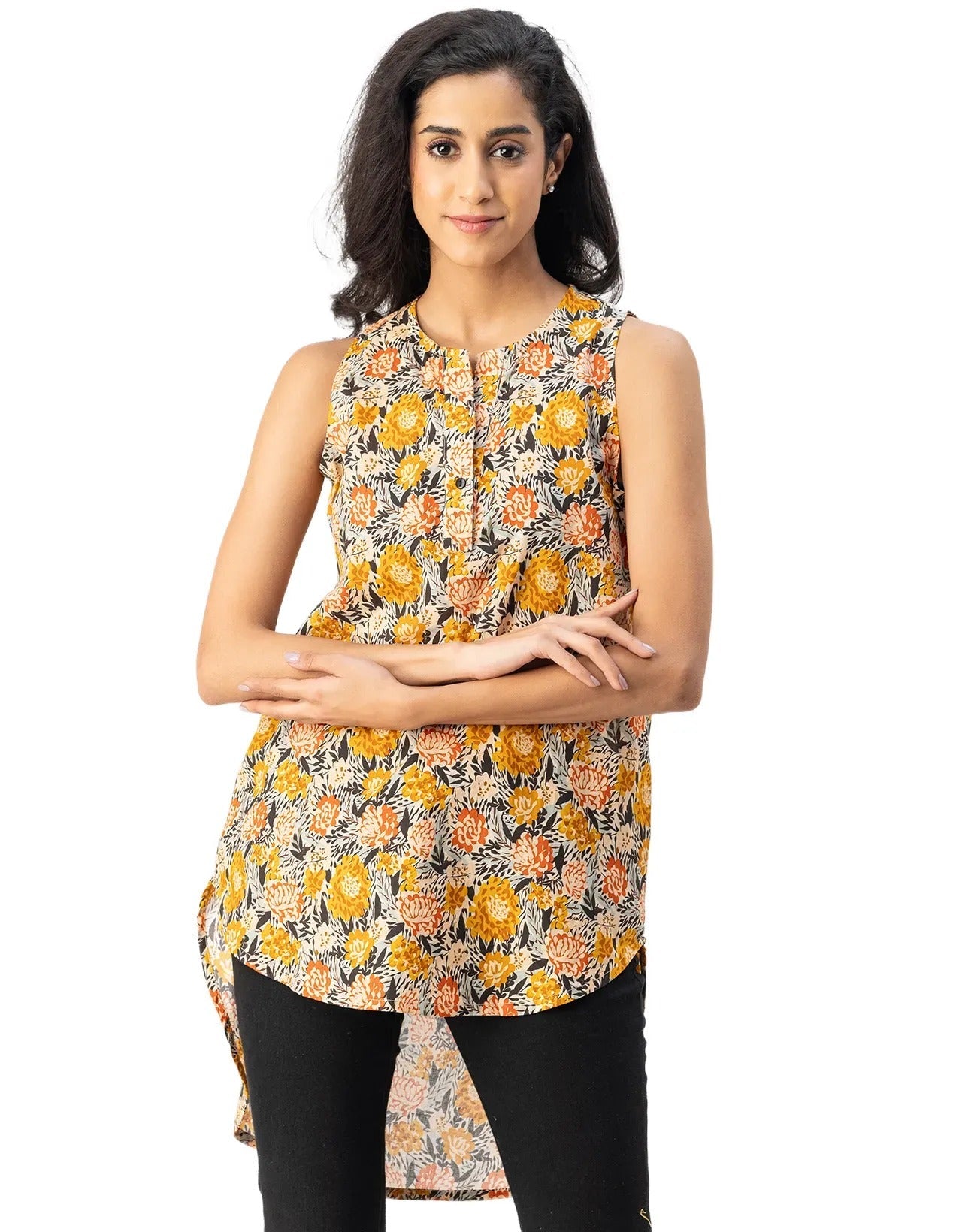 Printed Cotton Sleeveless High-Low V Neck Top