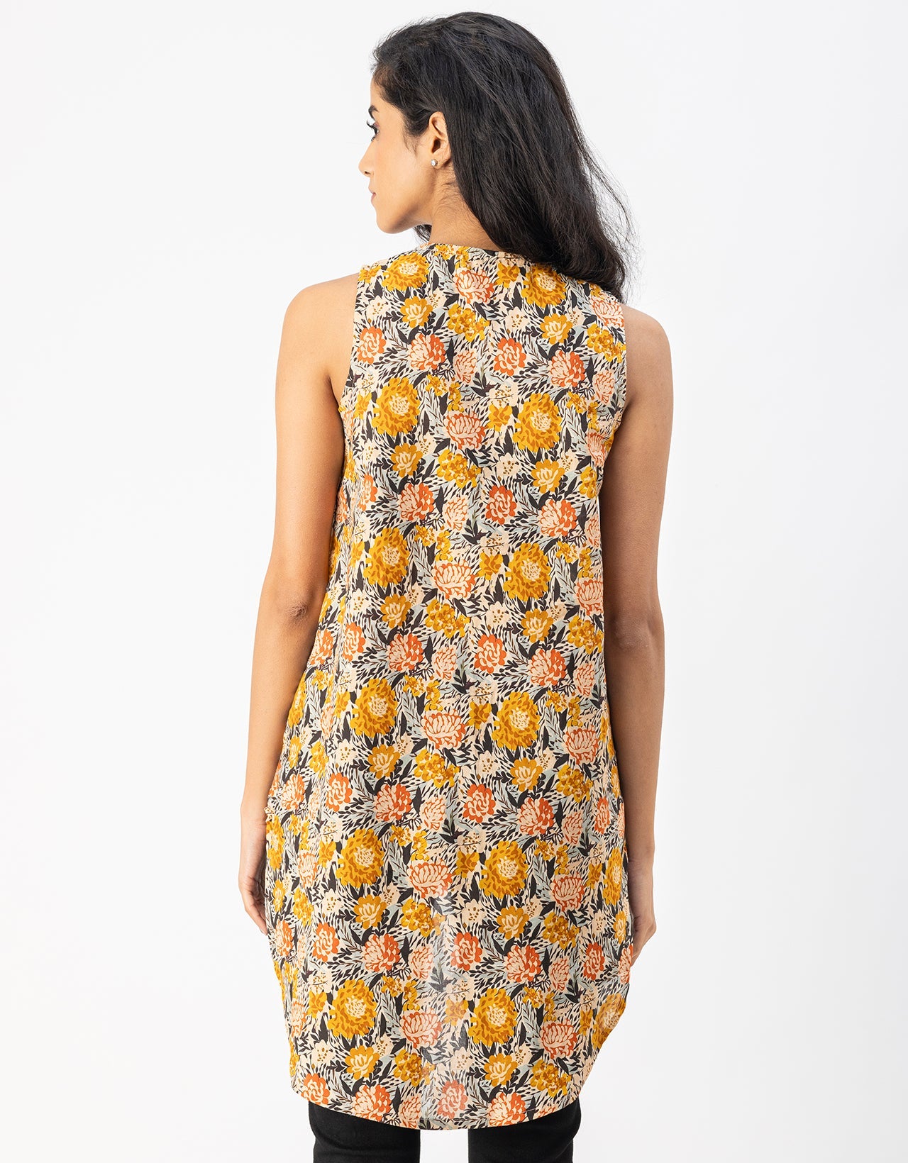 Printed Cotton Sleeveless High-Low V Neck Top