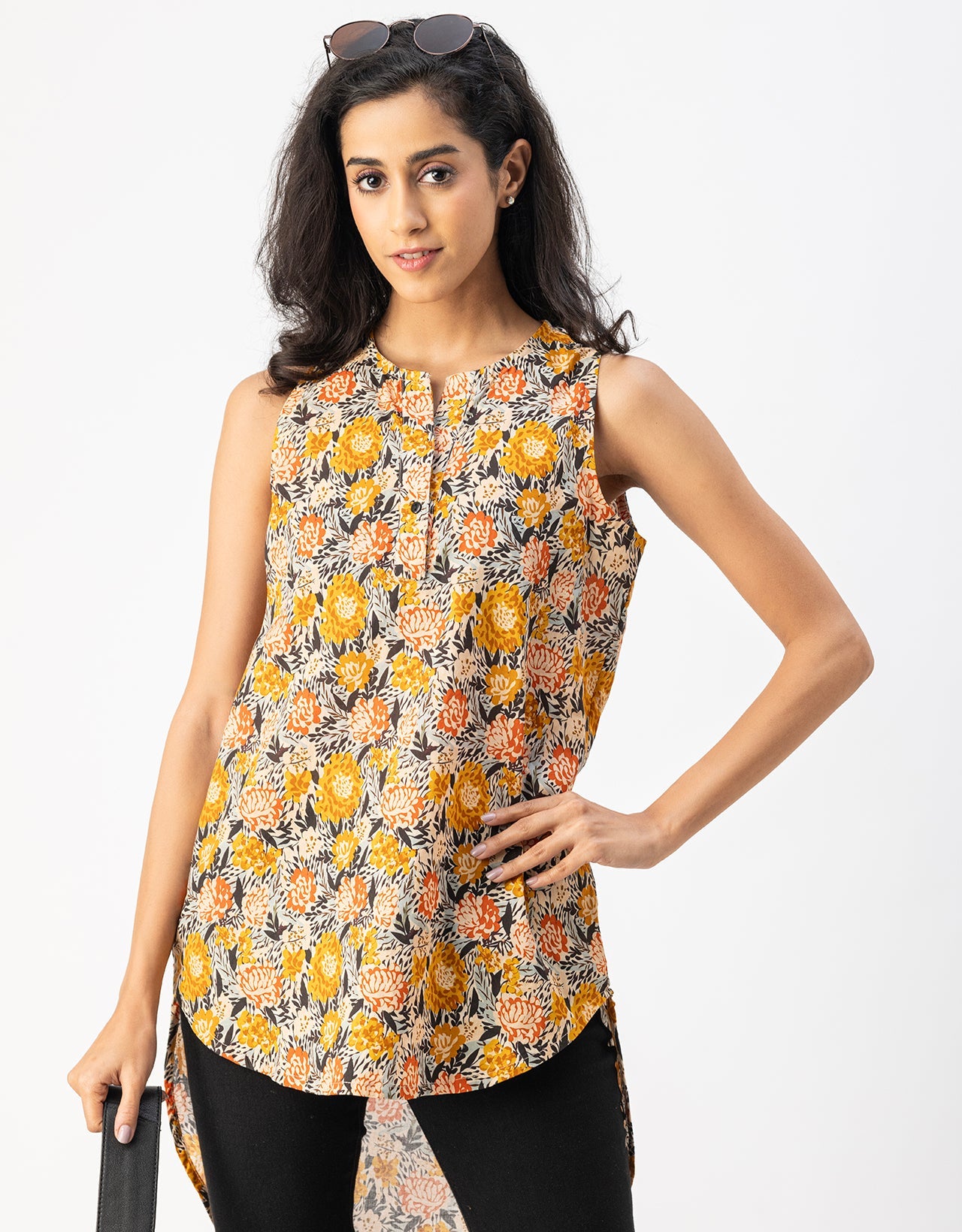 Printed Cotton Sleeveless High-Low V Neck Top