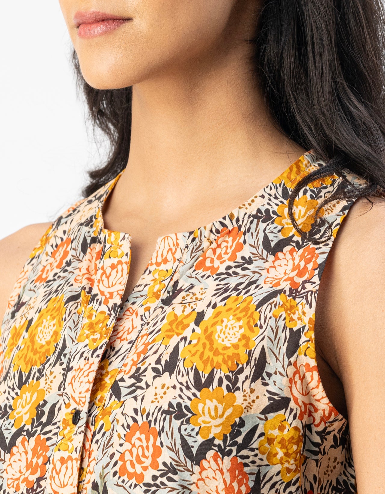 Printed Cotton Sleeveless High-Low V Neck Top