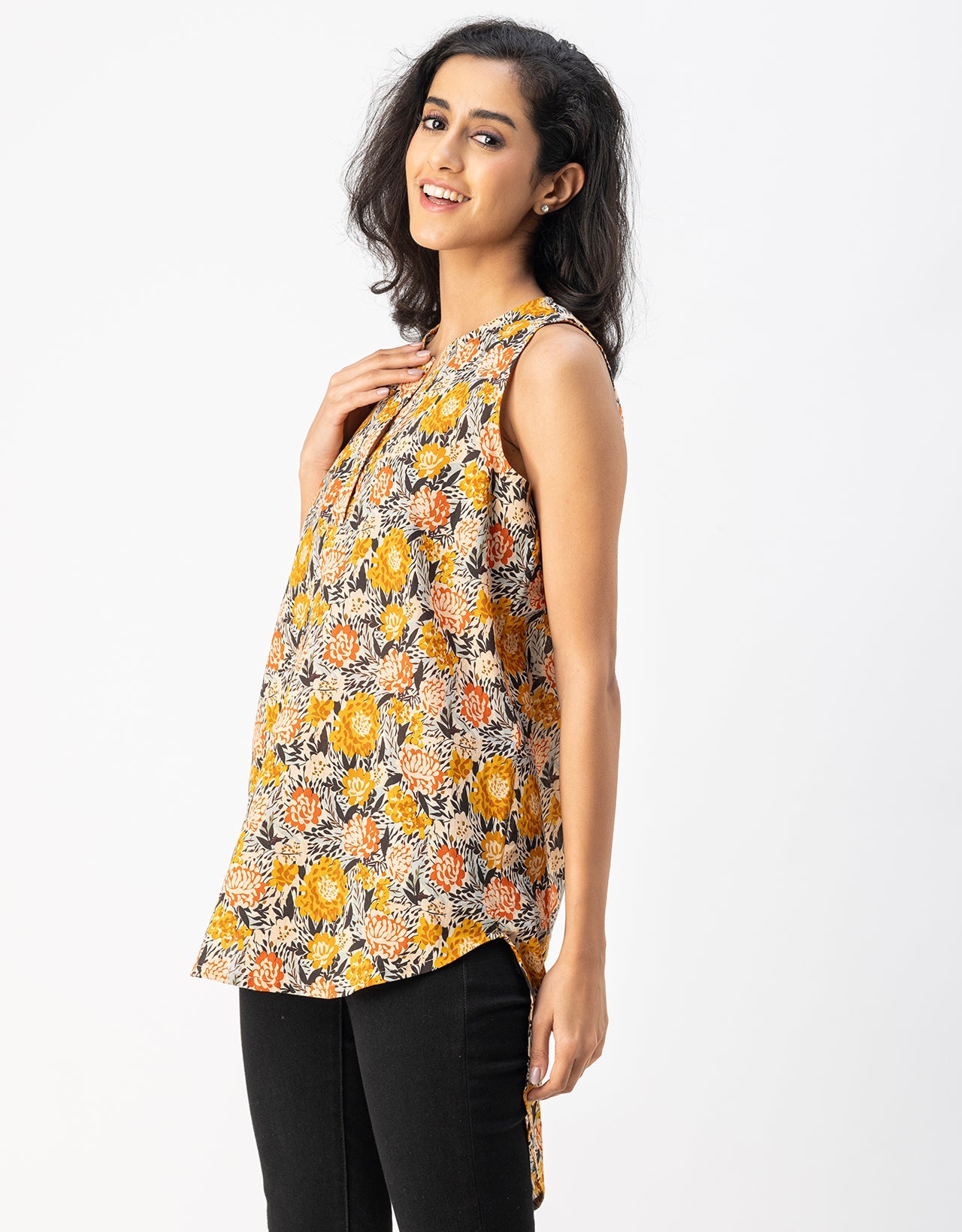 Printed Cotton Sleeveless High-Low V Neck Top