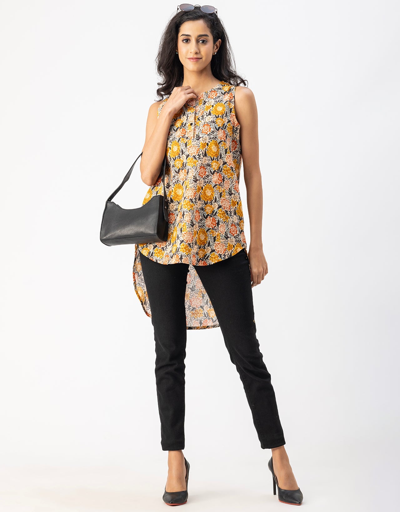 Printed Cotton Sleeveless High-Low V Neck Top