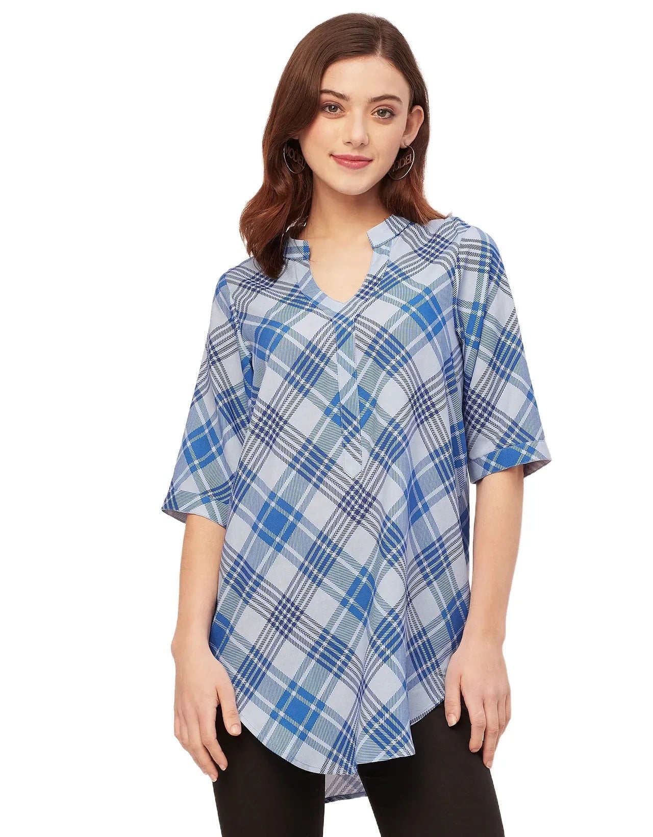 Printed Rayon quarter sleeve Mandarin Collar Top