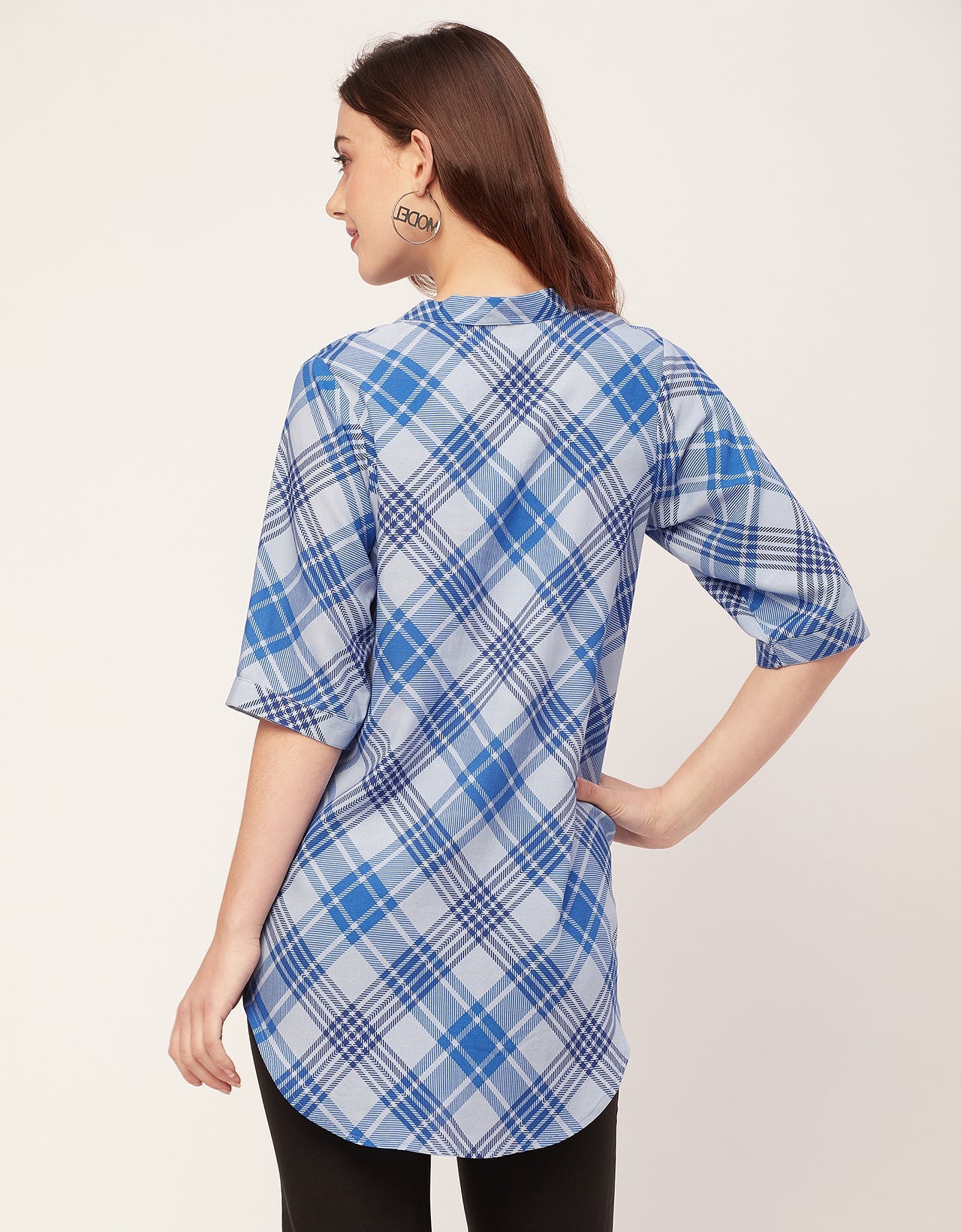 Printed Rayon quarter sleeve Mandarin Collar Top