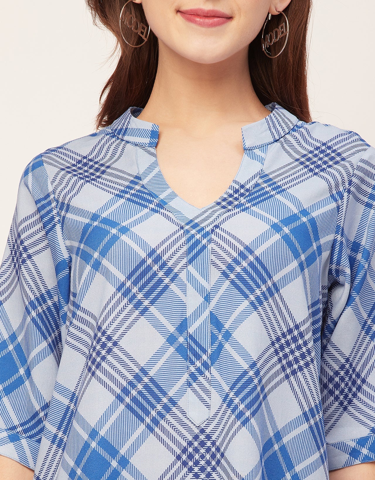 Printed Rayon quarter sleeve Mandarin Collar Top