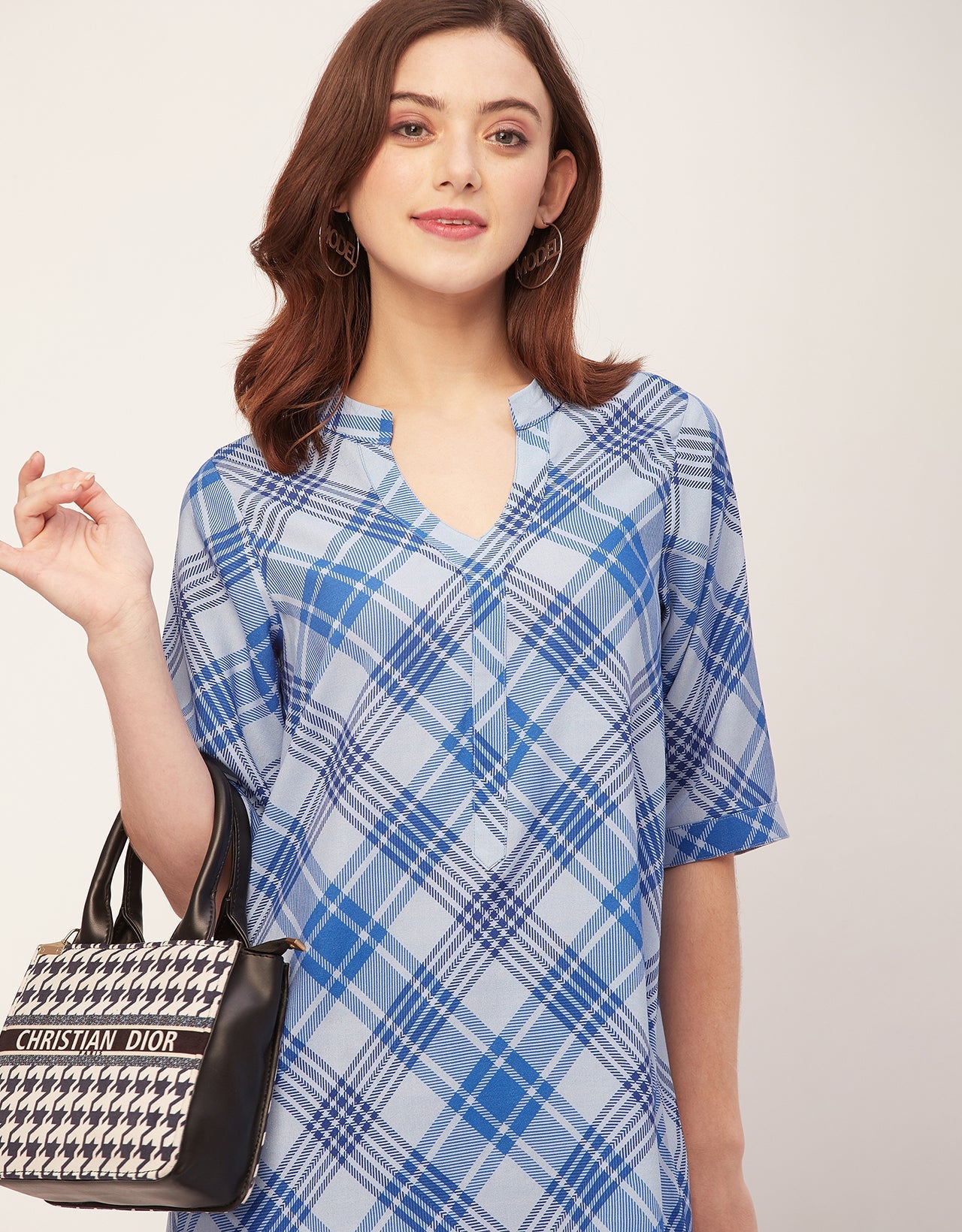 Printed Rayon quarter sleeve Mandarin Collar Top