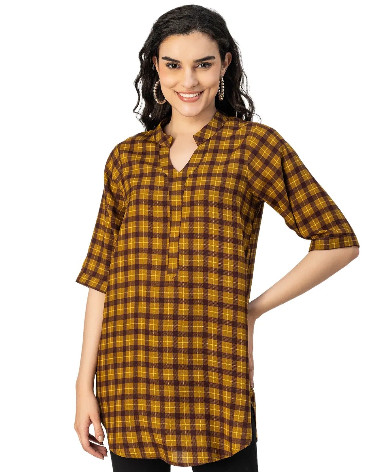 Printed Rayon quarter sleeve Mandarin Collar Top