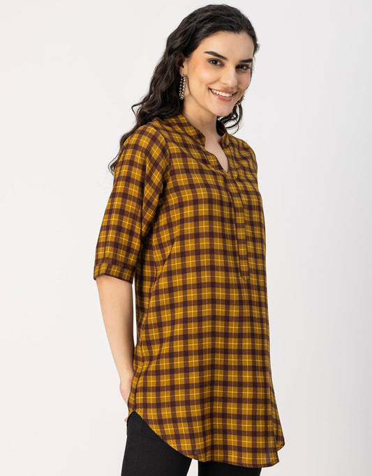 Printed Rayon quarter sleeve Mandarin Collar Top