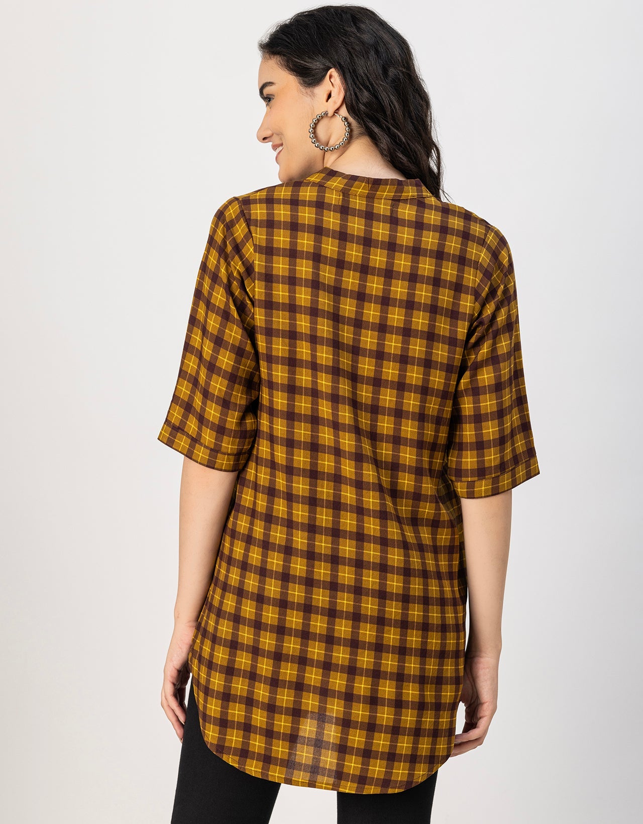 Printed Rayon quarter sleeve Mandarin Collar Top