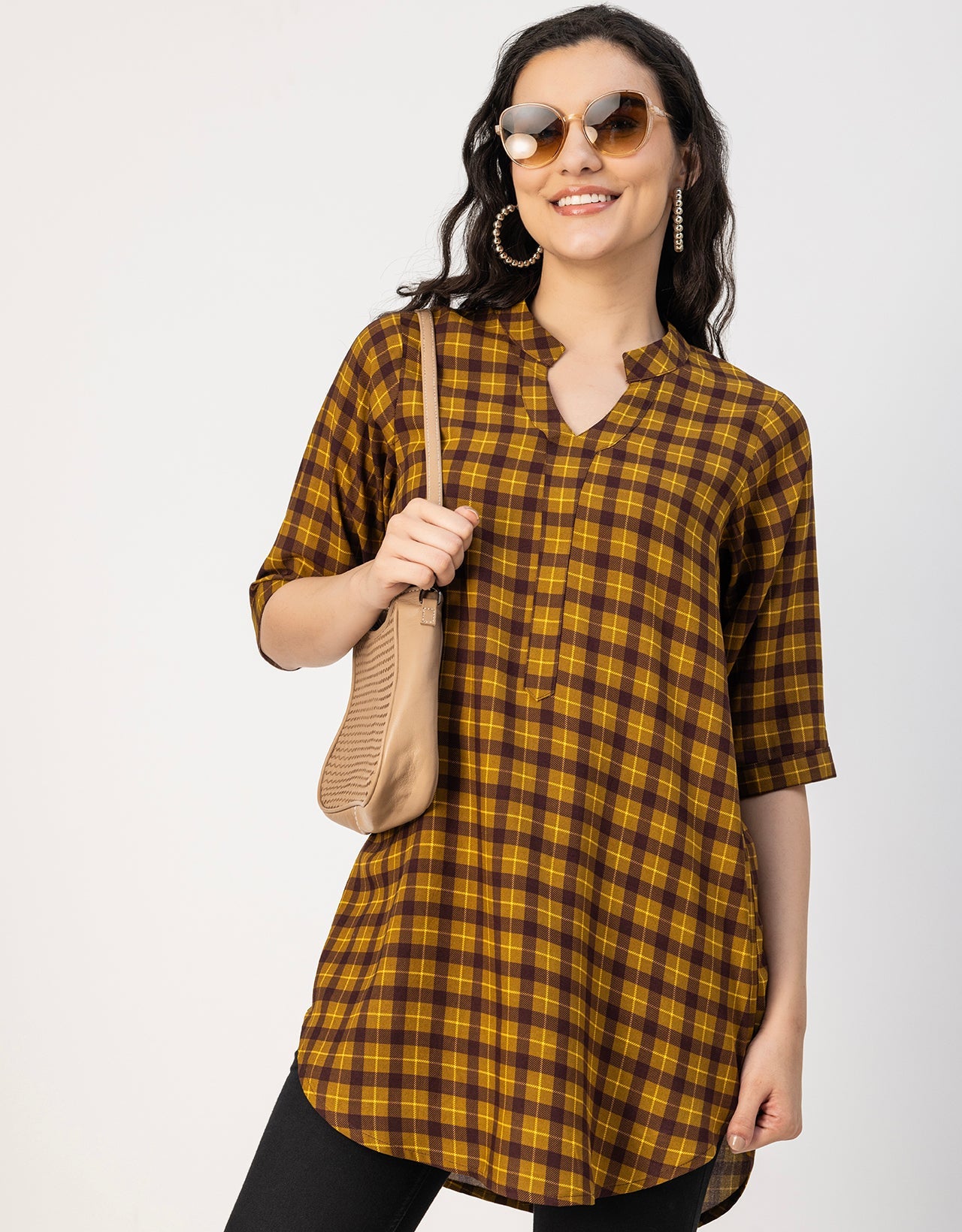 Printed Rayon quarter sleeve Mandarin Collar Top