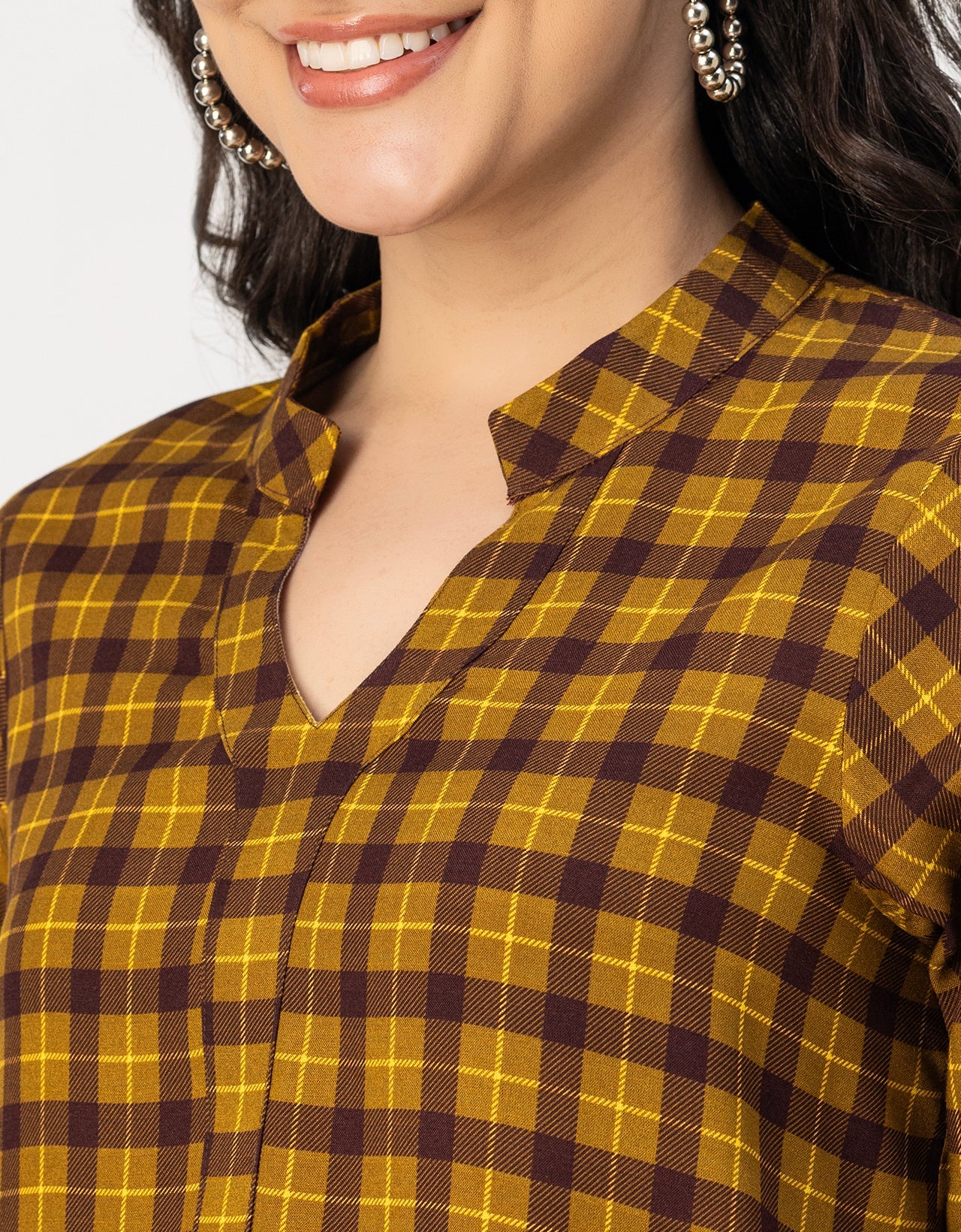 Printed Rayon quarter sleeve Mandarin Collar Top