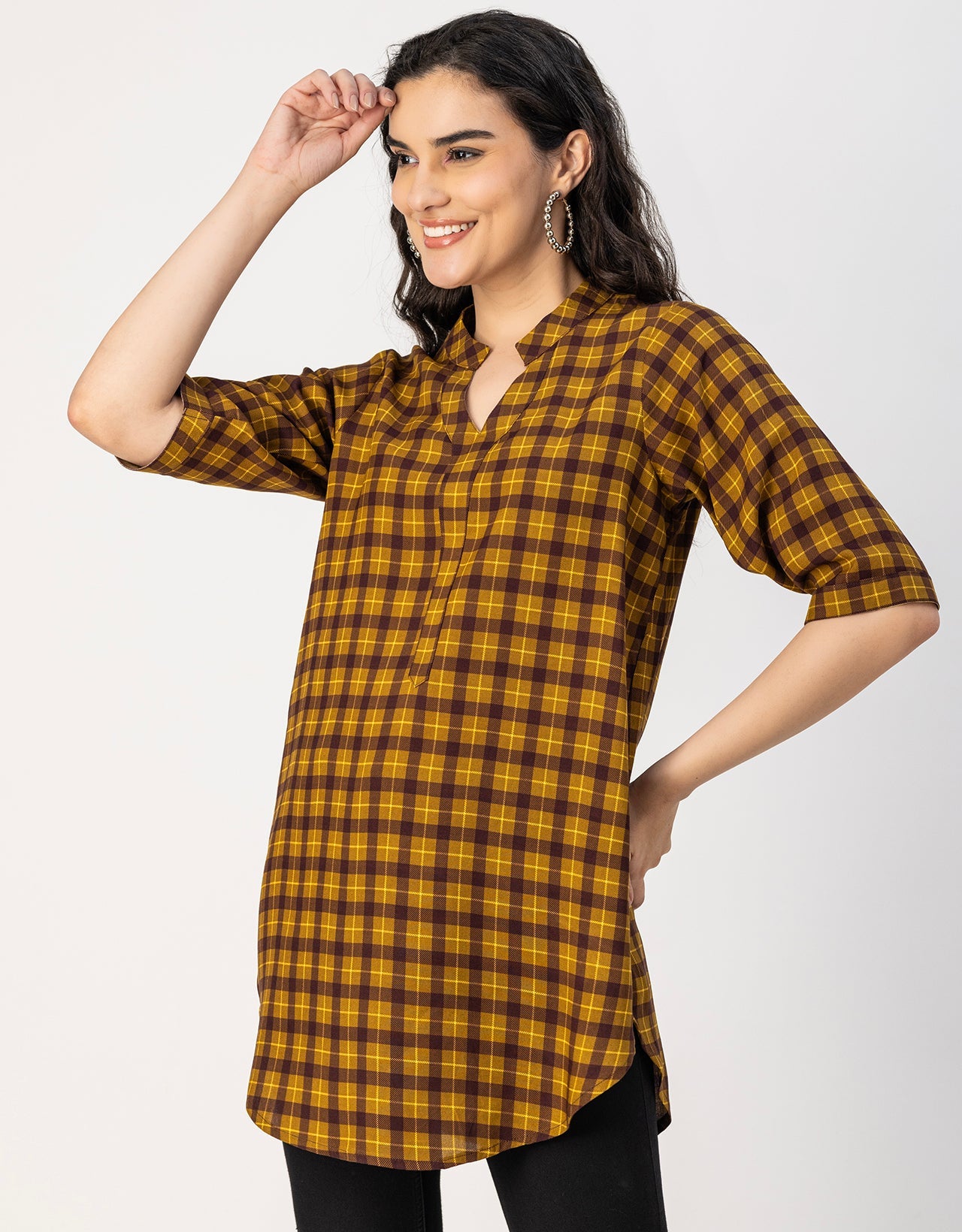 Printed Rayon quarter sleeve Mandarin Collar Top
