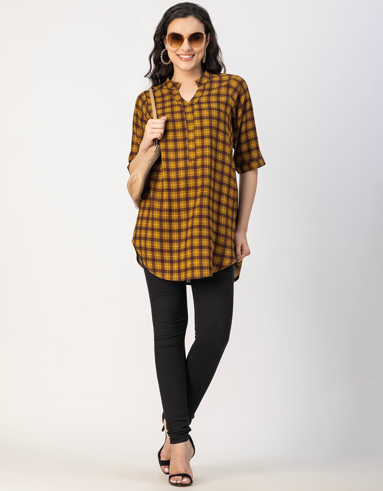 Printed Rayon quarter sleeve Mandarin Collar Top