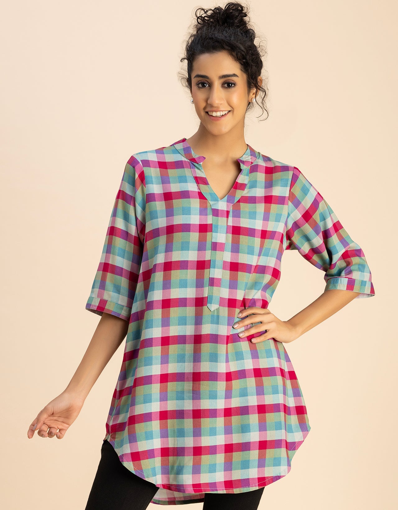 Printed Rayon quarter sleeve Mandarin Collar Top