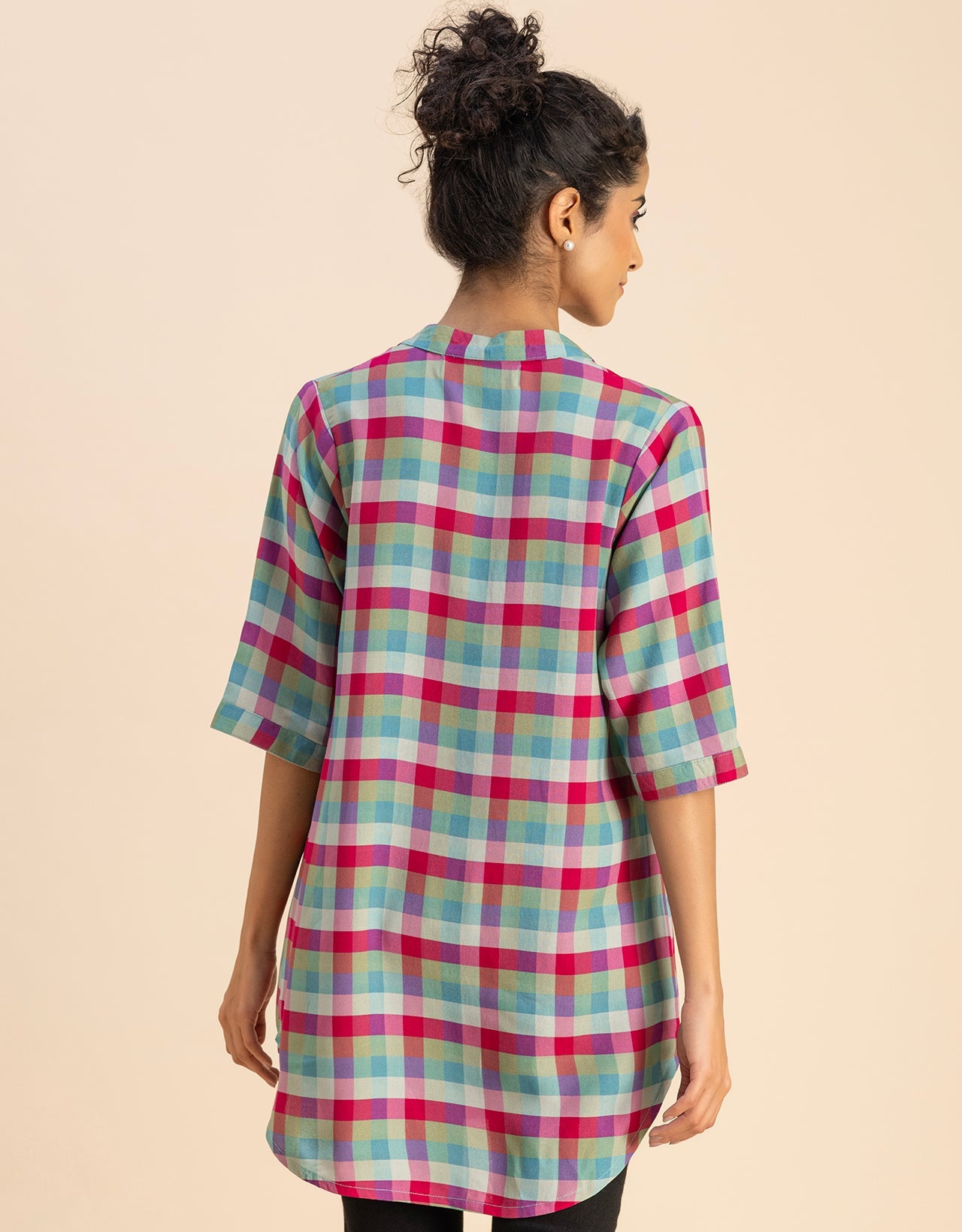 Printed Rayon quarter sleeve Mandarin Collar Top