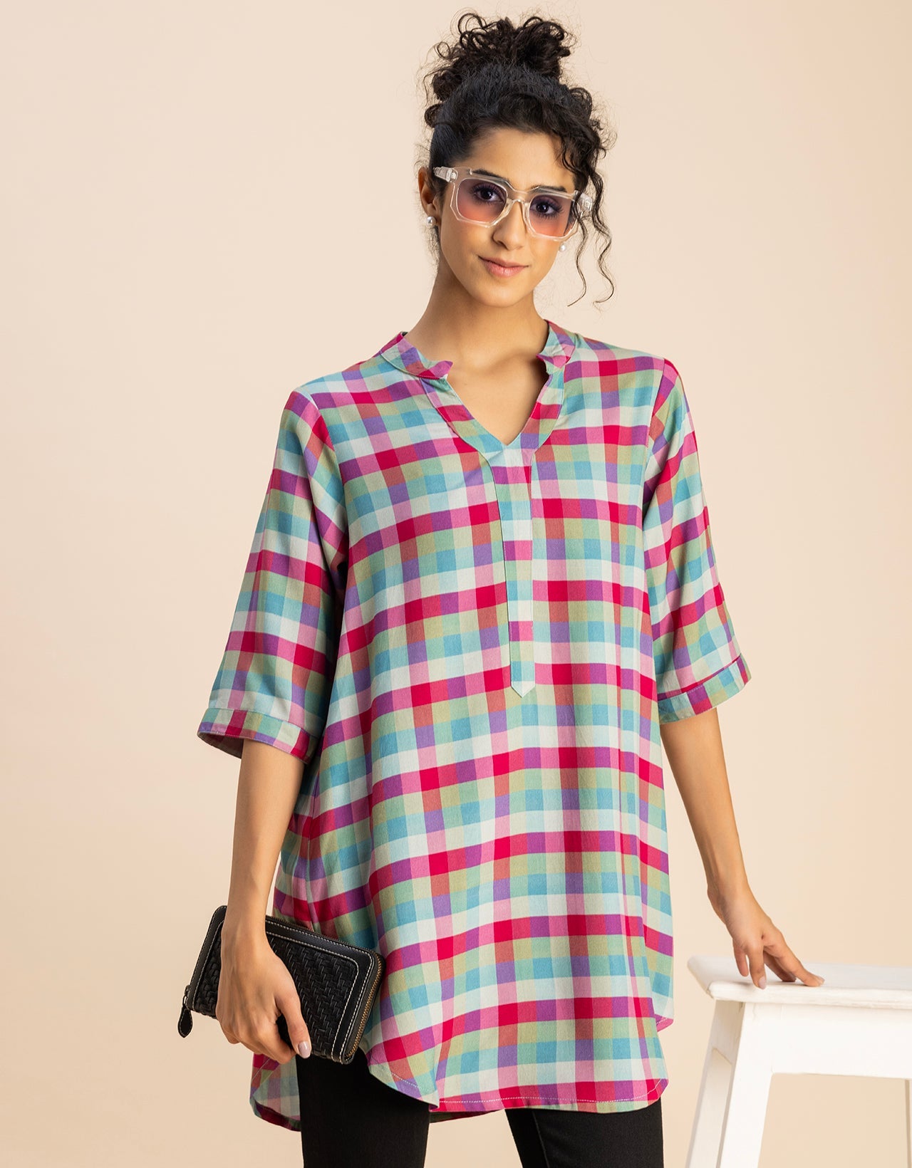Printed Rayon quarter sleeve Mandarin Collar Top