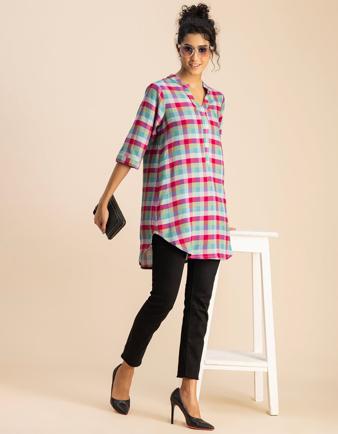 Printed Rayon quarter sleeve Mandarin Collar Top