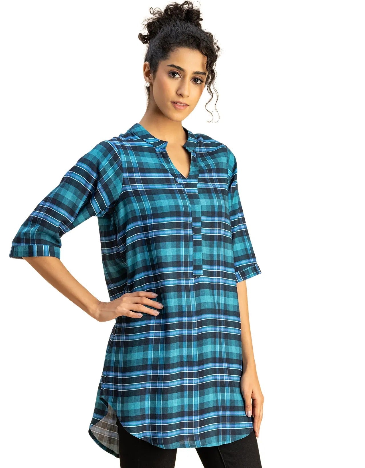 Printed Rayon quarter sleeve Mandarin Collar Top