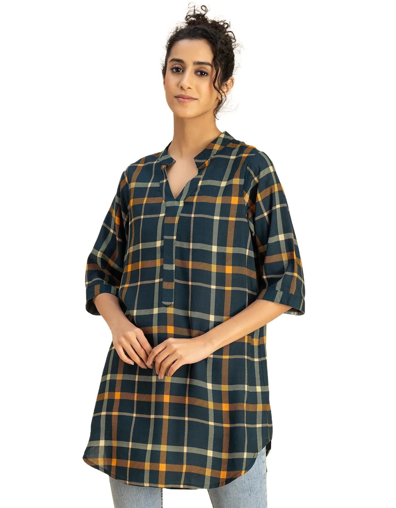 Printed Rayon quarter sleeve Mandarin Collar Top