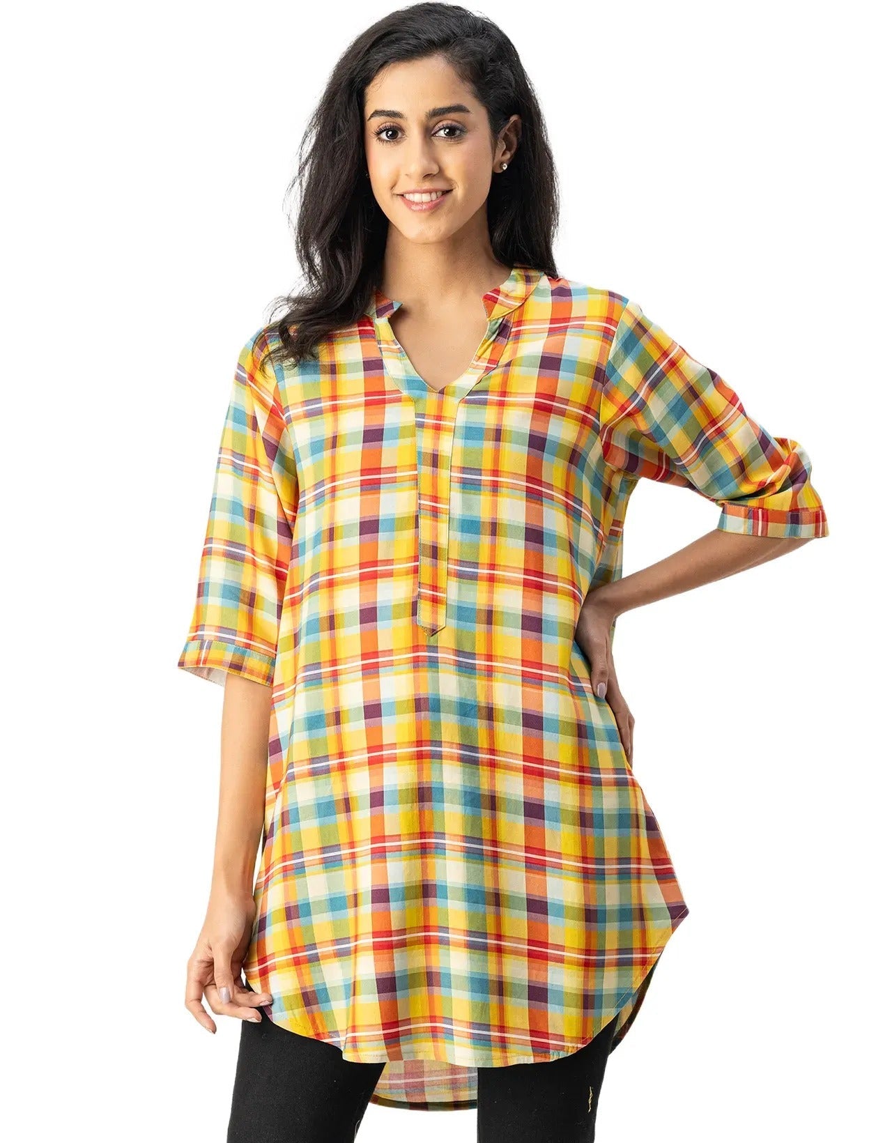 Printed Rayon quarter sleeve Mandarin Collar Top