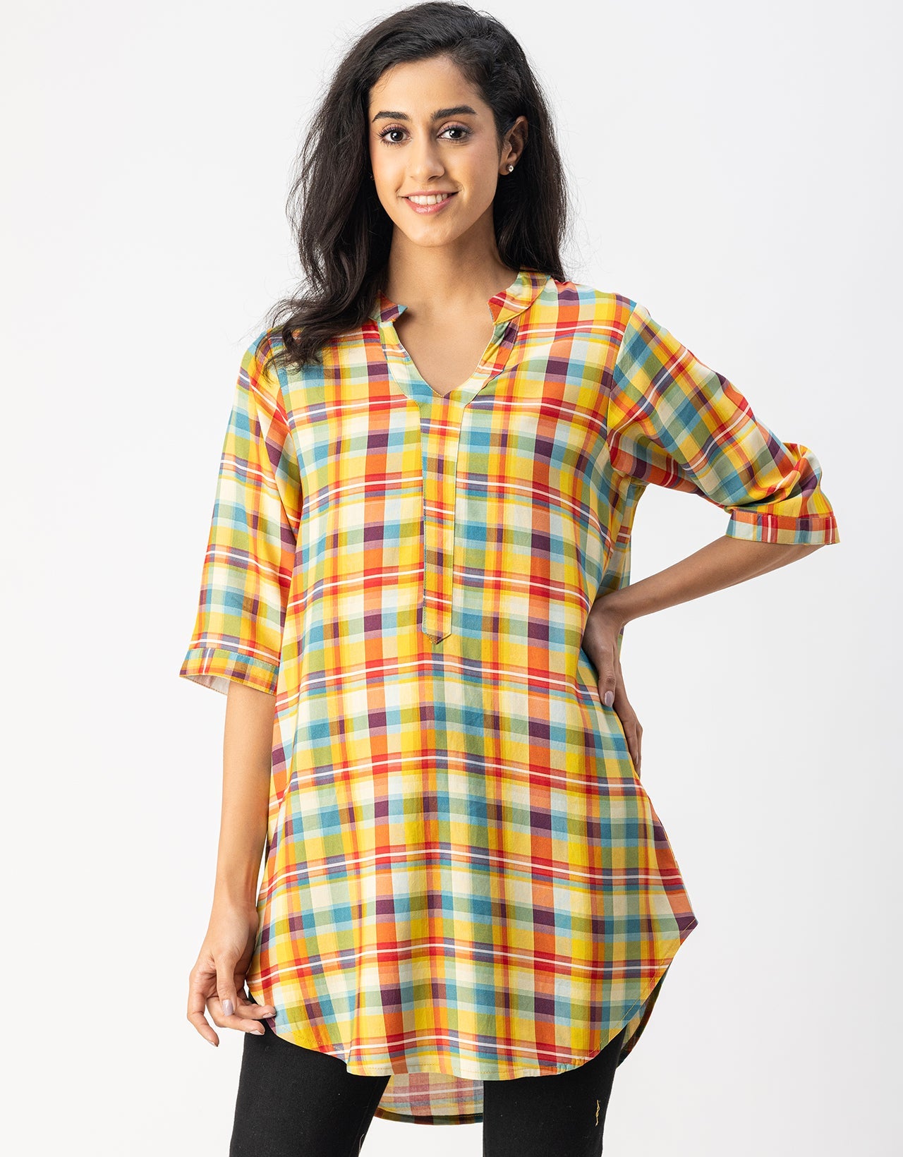 Printed Rayon quarter sleeve Mandarin Collar Top