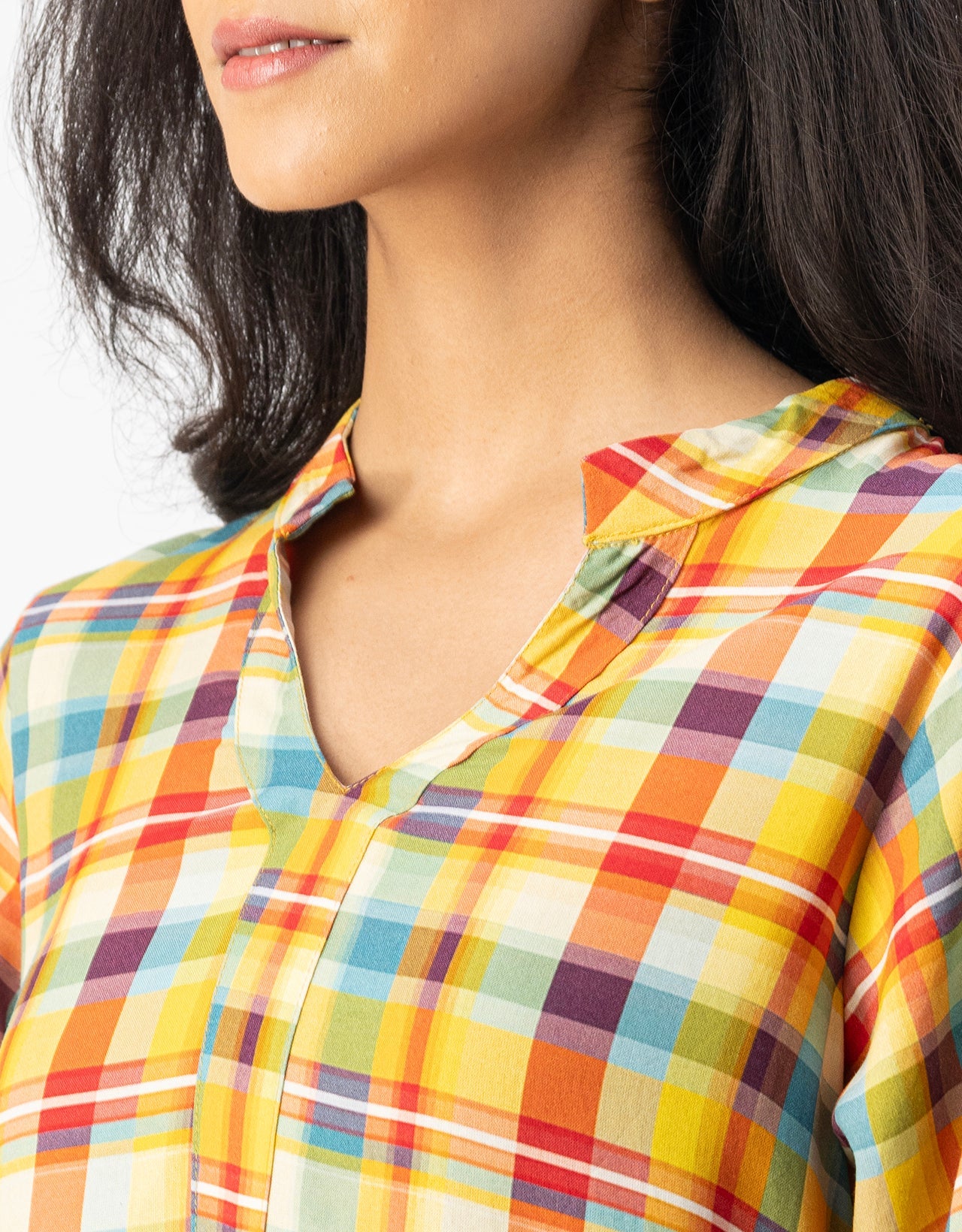 Printed Rayon quarter sleeve Mandarin Collar Top