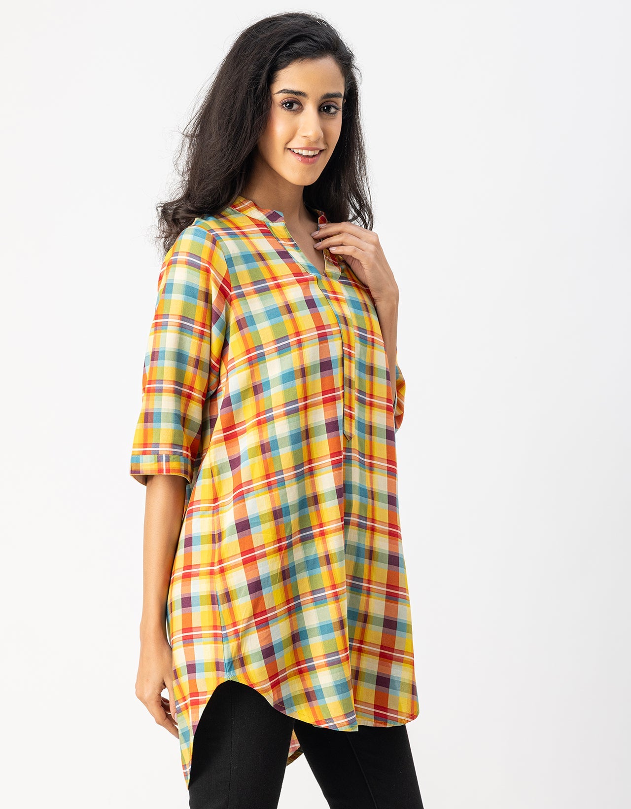 Printed Rayon quarter sleeve Mandarin Collar Top