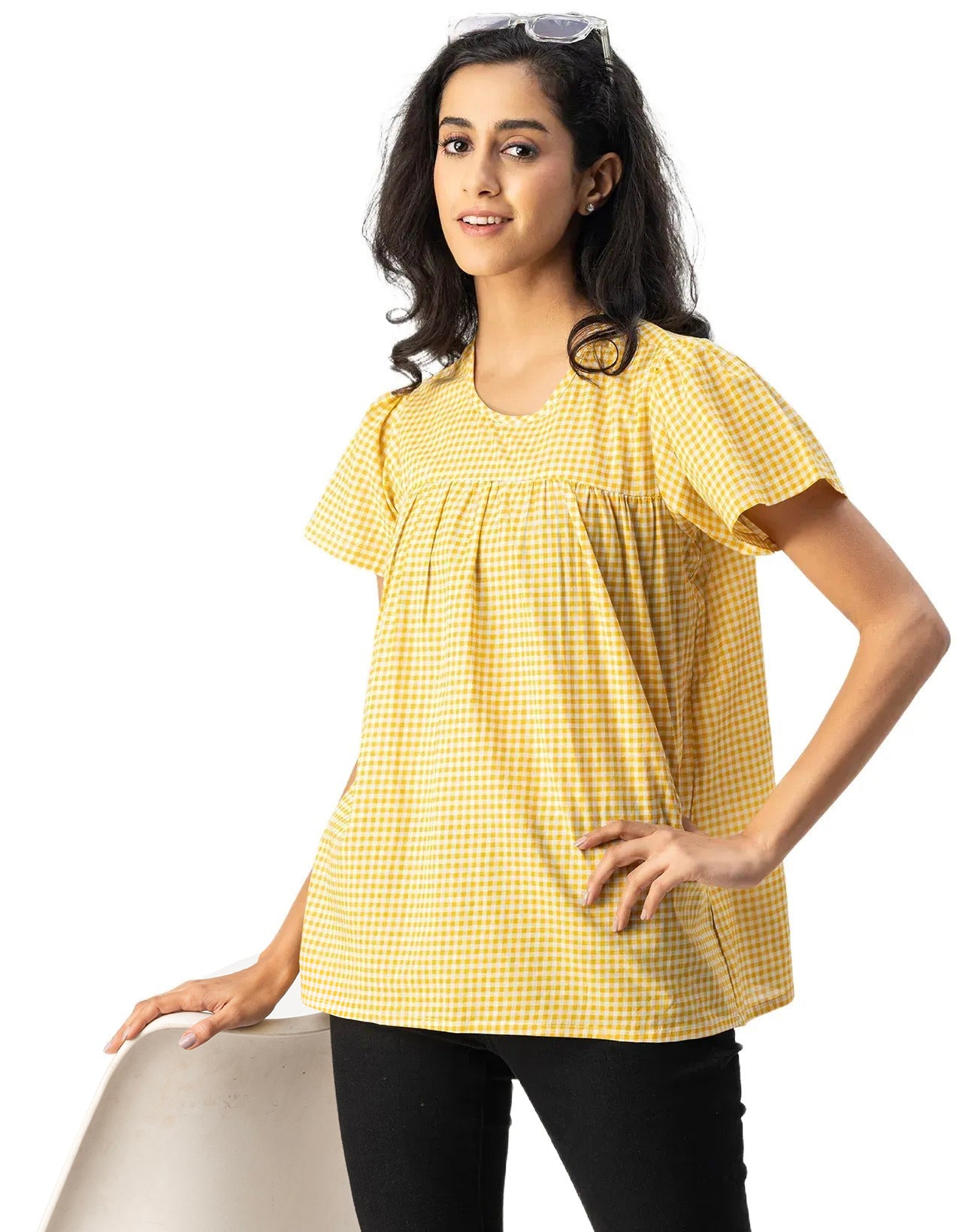 Printed Cotton Short Sleeve Round Neck Top