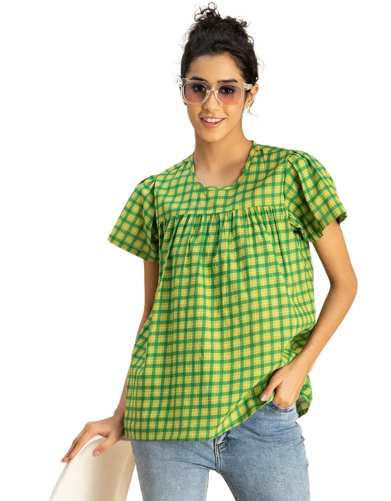 Printed Cotton Short Sleeve Round Neck Top