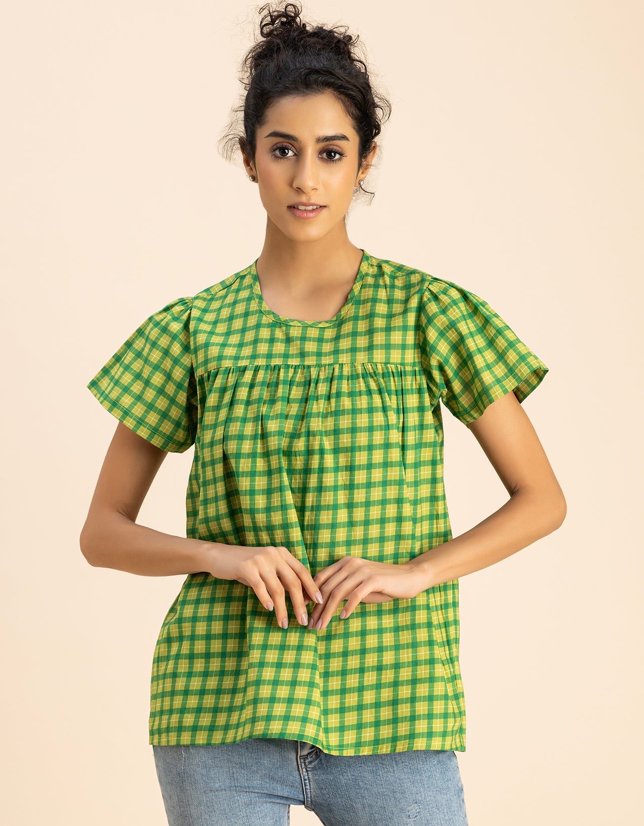 Printed Cotton Short Sleeve Round Neck Top
