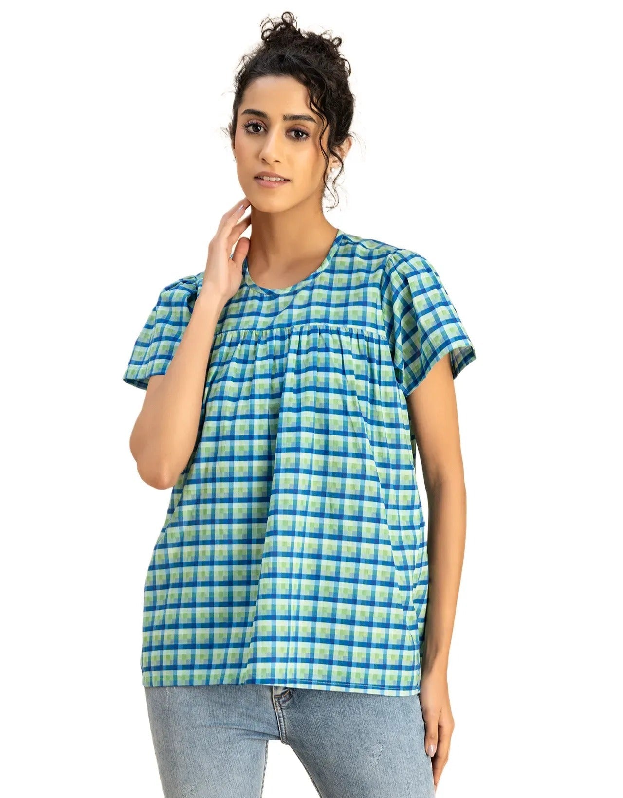 Printed Cotton Short Sleeve Round Neck Top