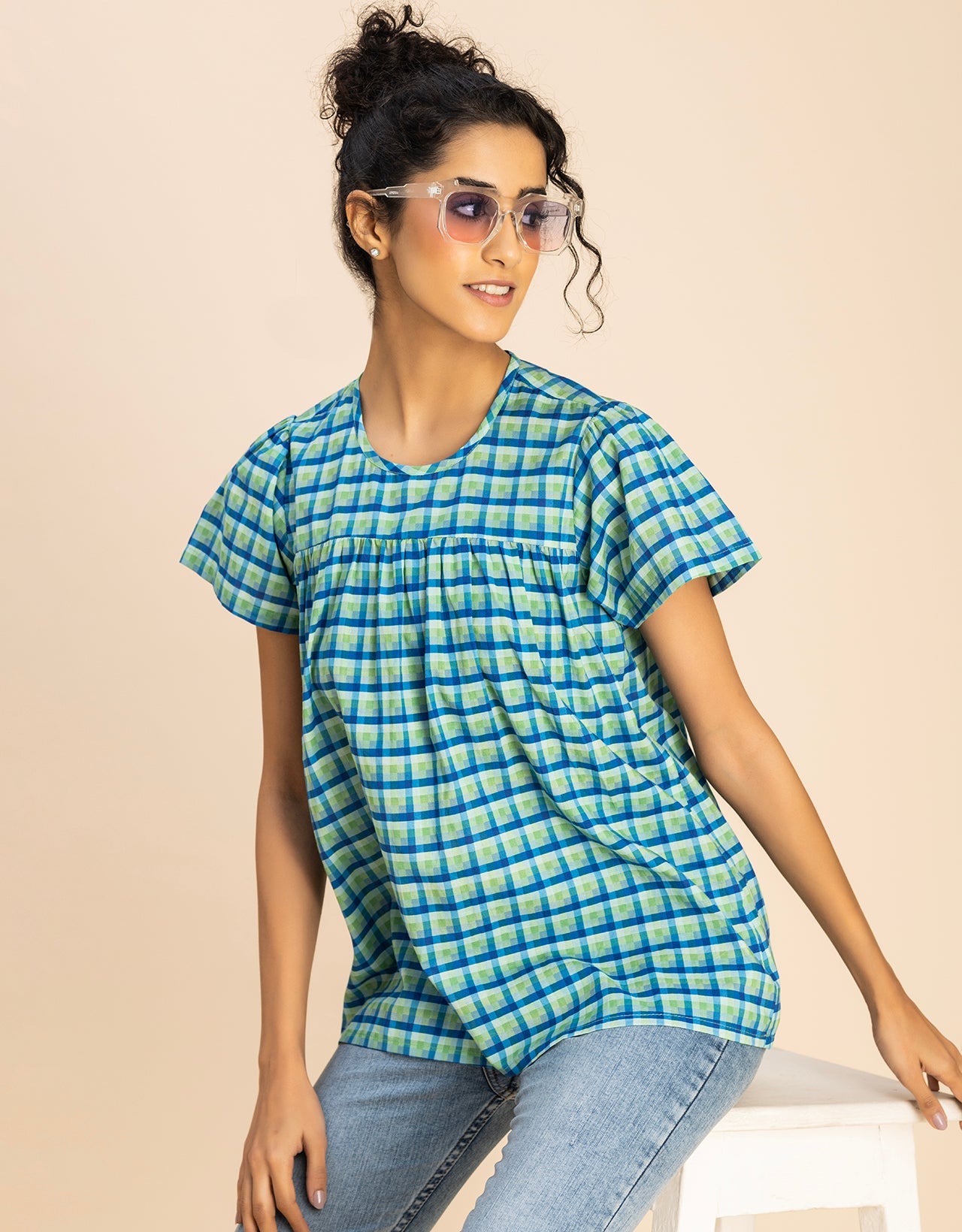 Printed Cotton Short Sleeve Round Neck Top