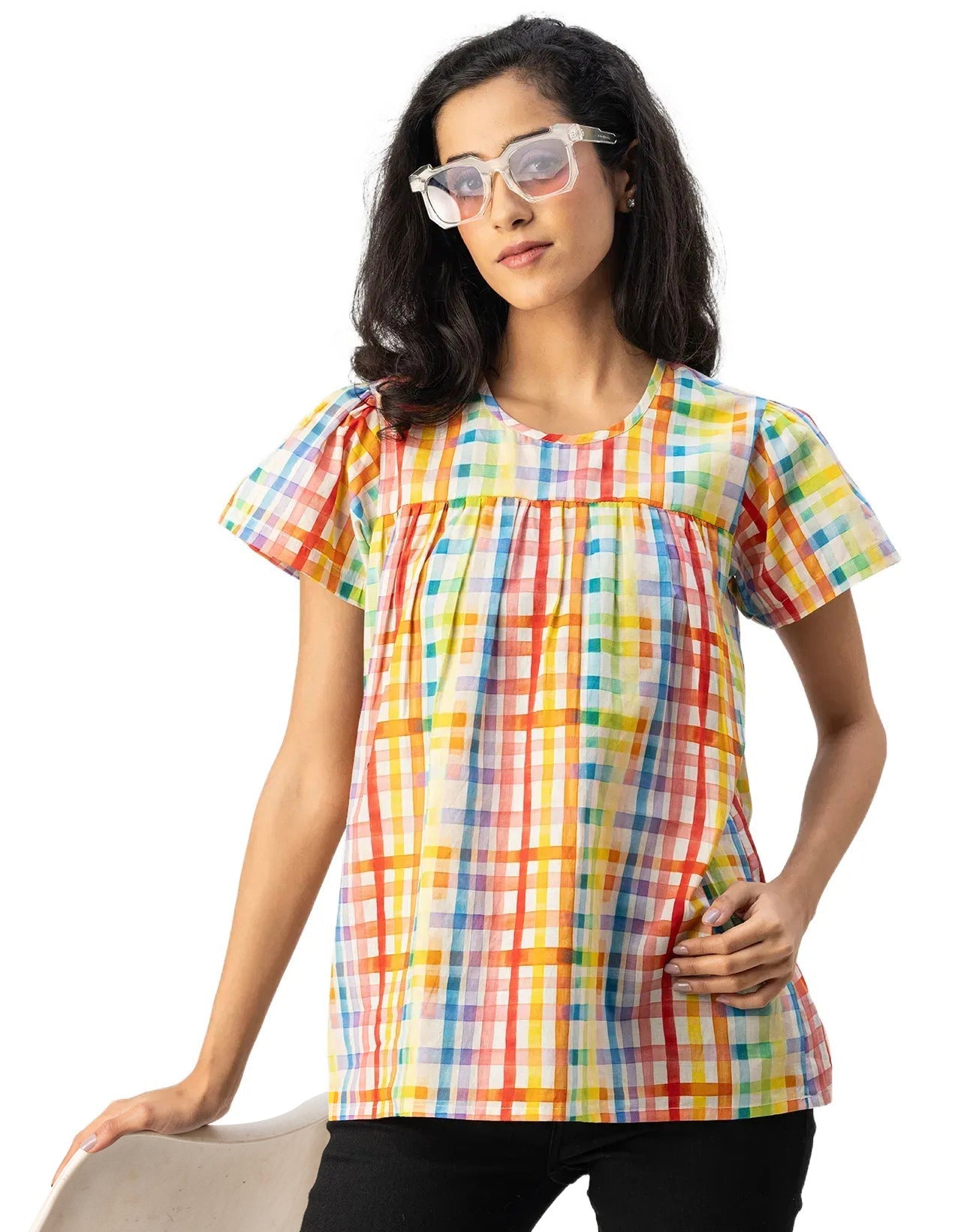 Printed Cotton Short Sleeve Round Neck Top