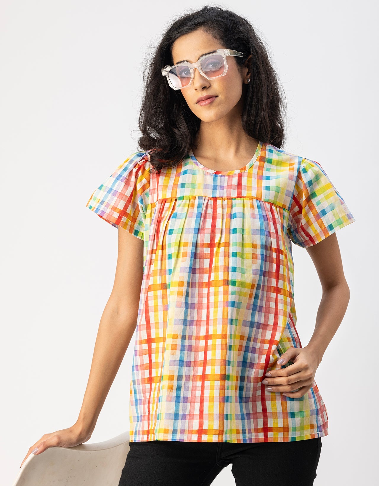 Printed Cotton Short Sleeve Round Neck Top