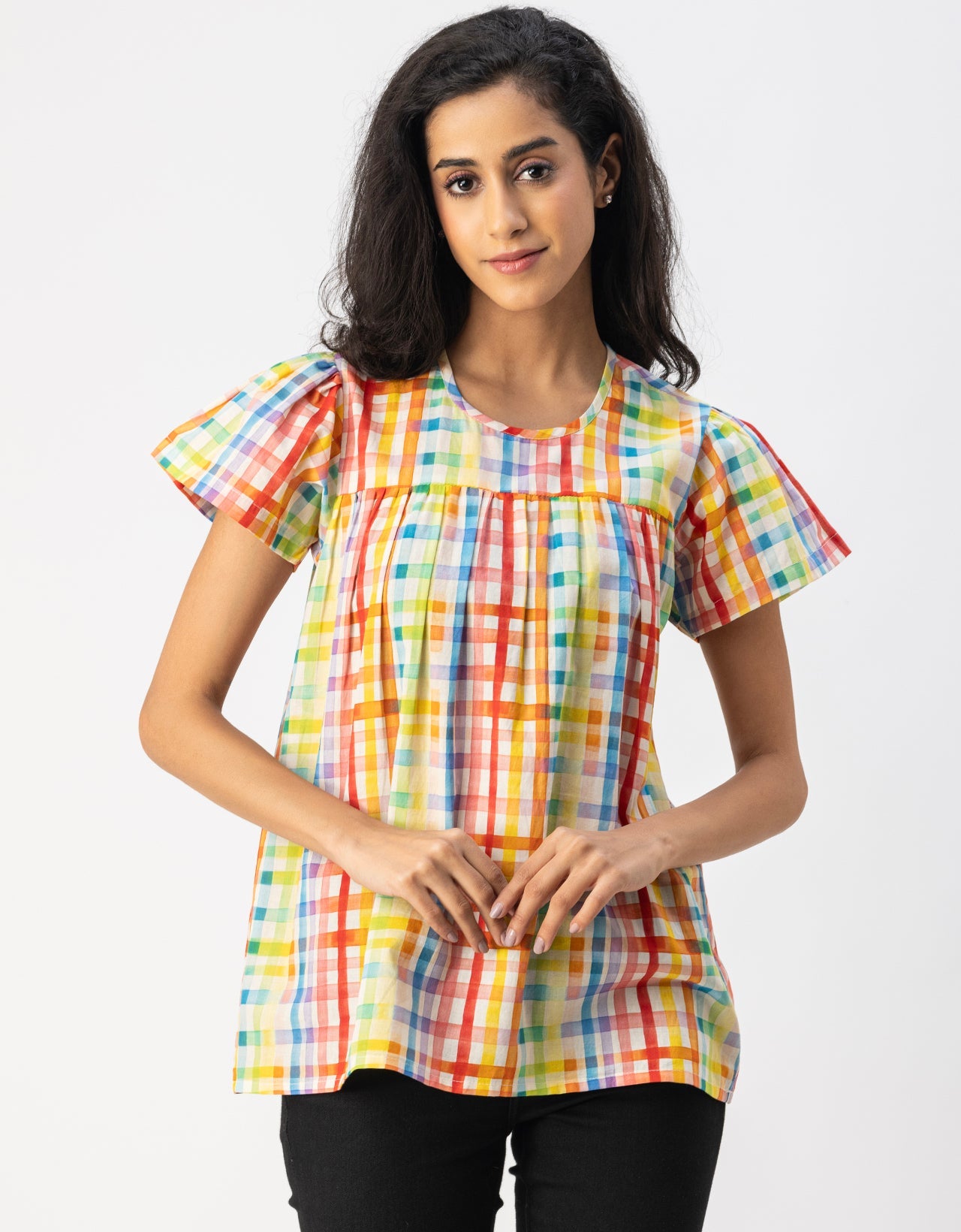 Printed Cotton Short Sleeve Round Neck Top