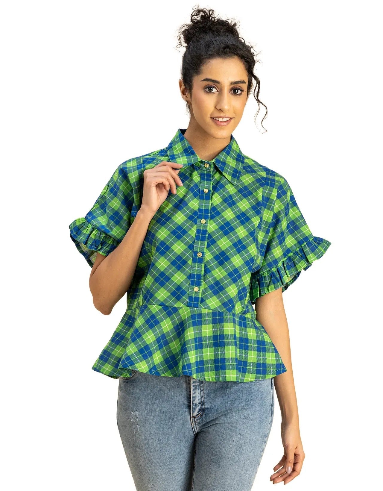 Printed Cotton Short Sleeve Peplum Top