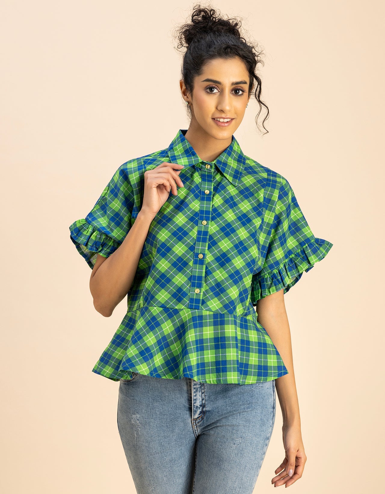 Printed Cotton Short Sleeve Peplum Top